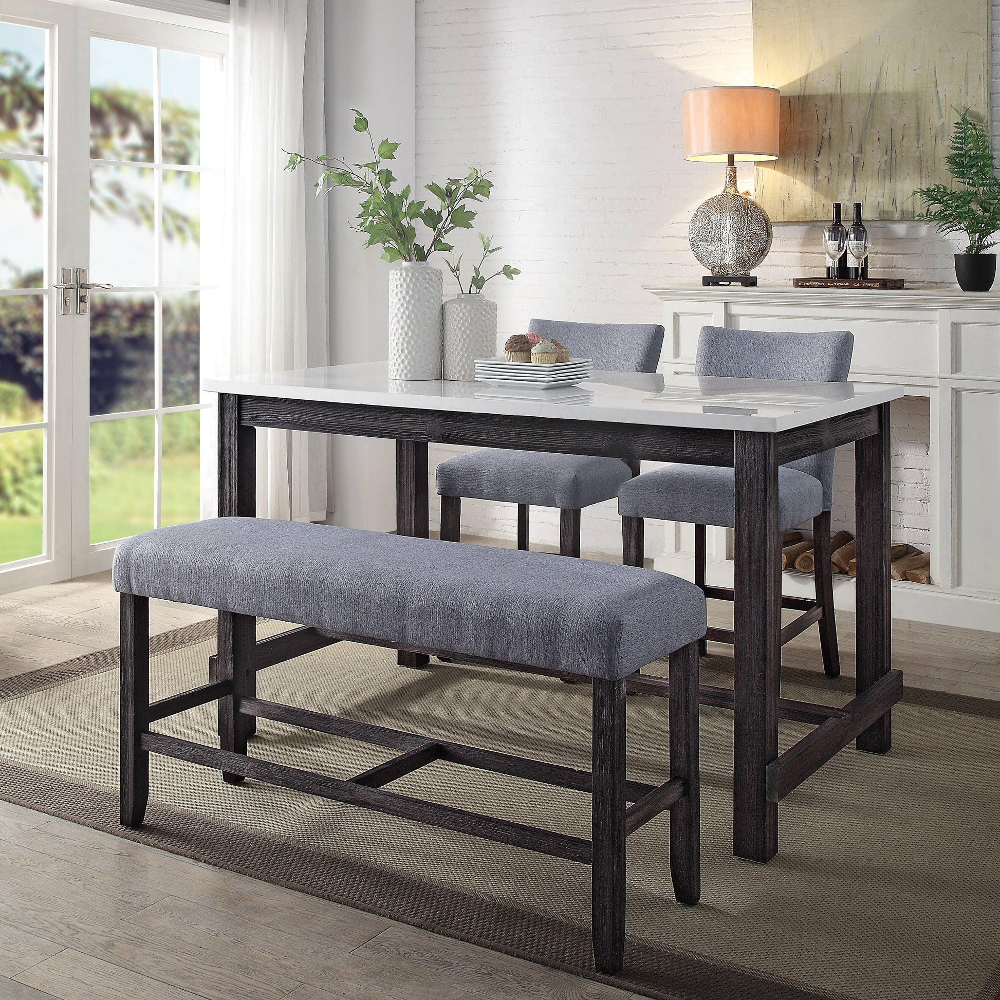 Grey And Weathered Espresso Counter Height Bench Espresso Dining Room Hickory Wood Fabric