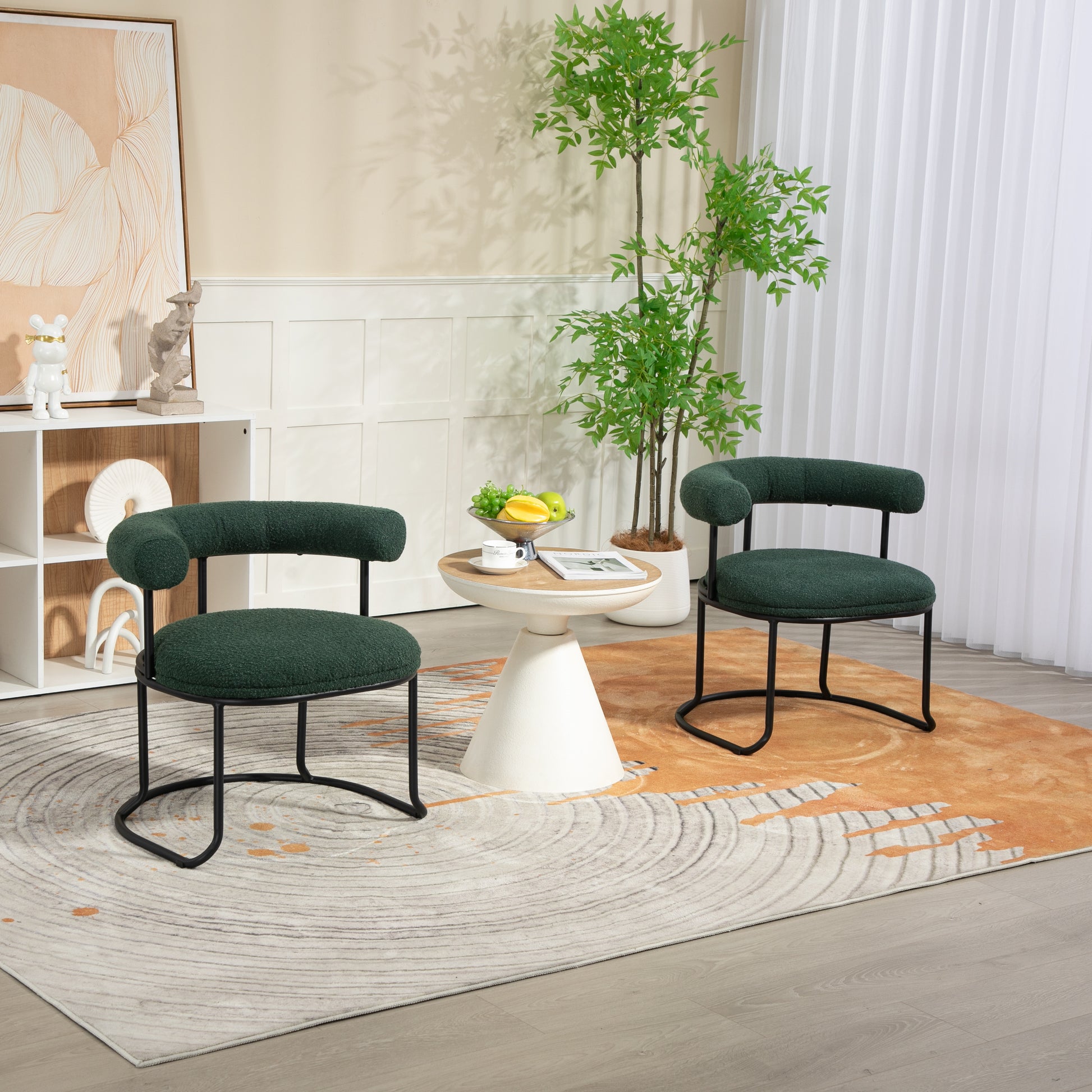 Coolmore Boucle Dining Chairs Set Of 2, Mid Century Modern Curved Backrest Chair, Round Upholstered Kitchen Chairs Emerald Boucle Emerald Foam Mdf Metal