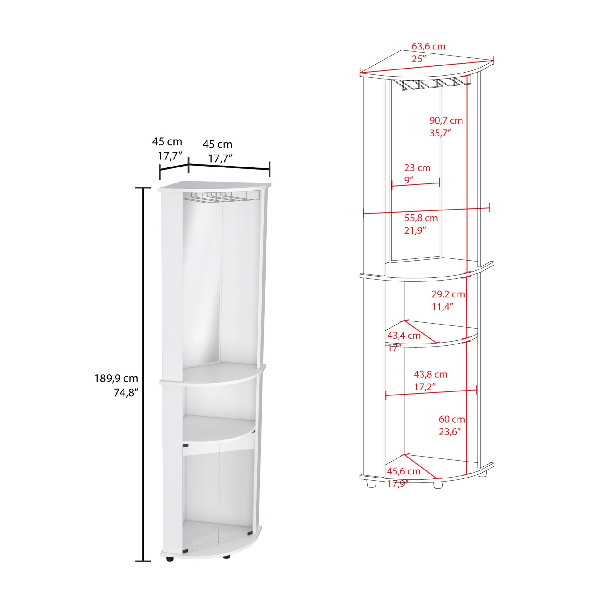 Chicago 75" H Mirrored Corner Bar Cabinet, With Glass Doors, Two Shelves And Stemware Freestanding White Mirrored Back Modern Particle Board