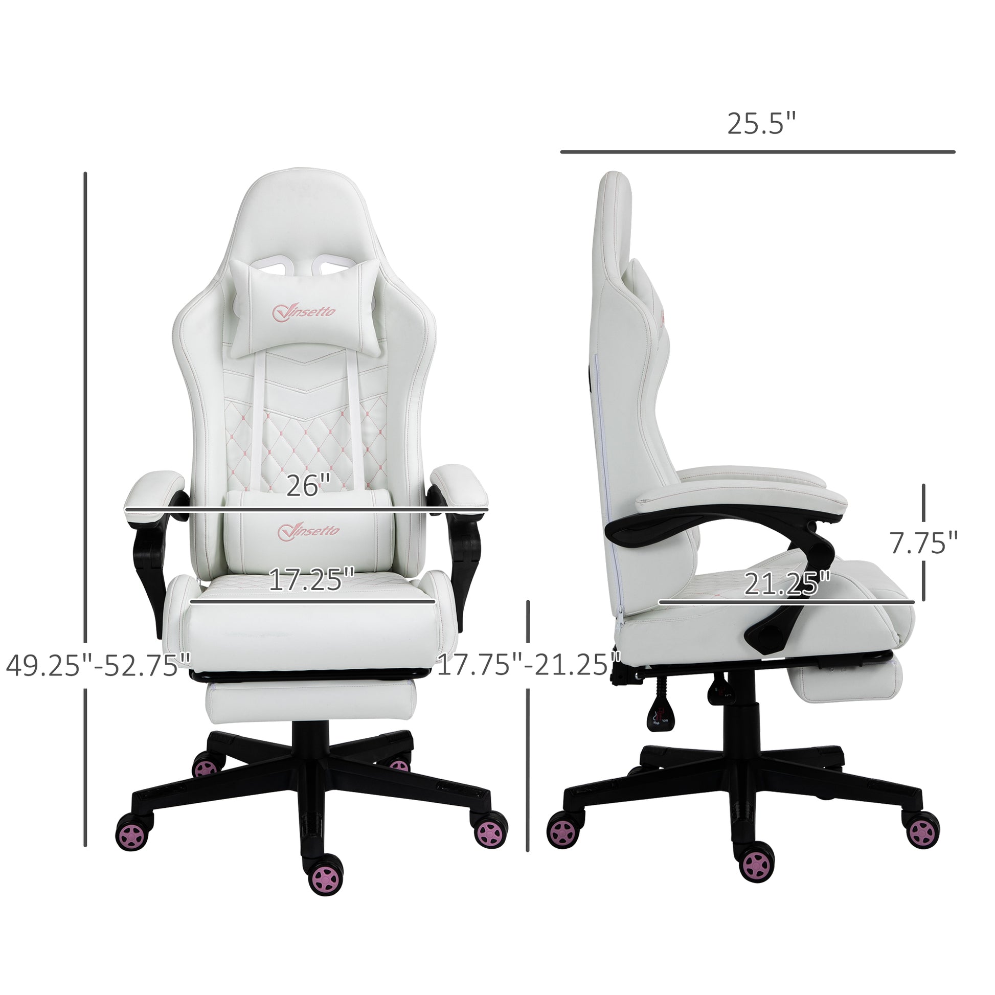 Vinsetto High Back Pu Leather Gaming Chair, Racing Computer Chair With Swivel Wheels, Retractable Footrest, Headrest, Lumbar Support, And Armrest, White And Pink White Faux Leather