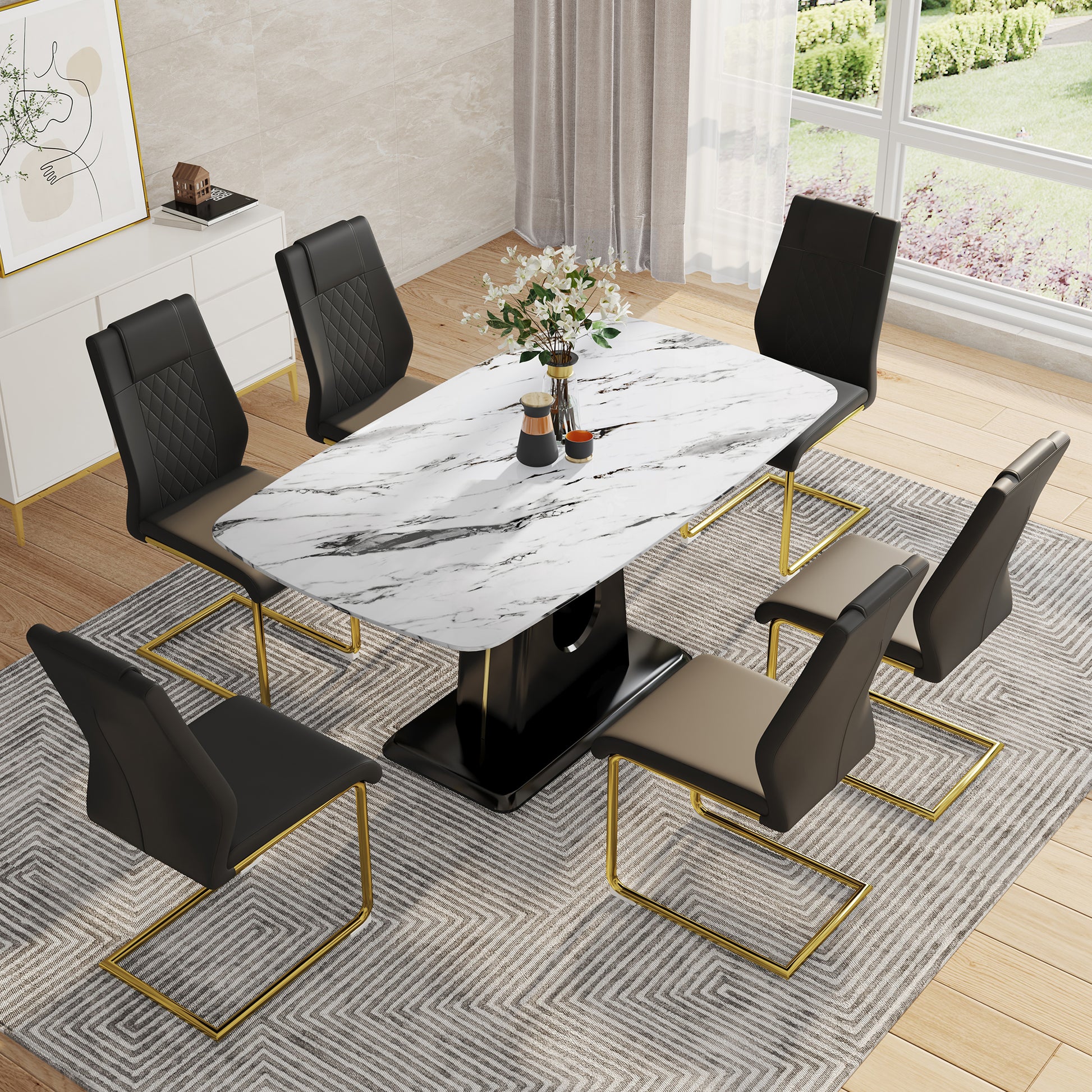 Table And Chair Set, Modern And Minimalist Dining Table, Imitation Marble Patterned Tabletop, Mdf Legs With U Shaped Brackets. Paired With Comfortable Chairs, Suitable For Dining And Living Rooms. Black Gold Mdf Glass