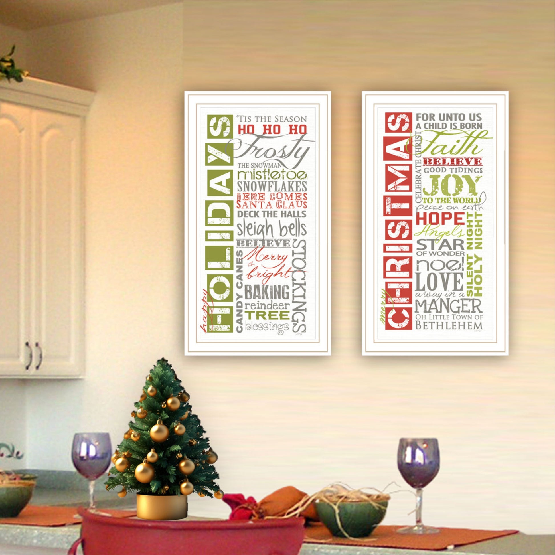 2 Piece Vignette Happy Holidays White Framed Wall Art For Living Room, Bedroom Wall Art Print For Home Decor By Marla Rae Multicolor Wood Paper