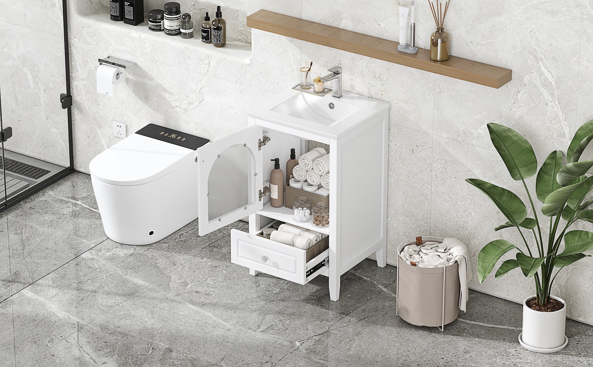 20" Bathroom Vanity With Sink, Bathroom Cabinet With Soft Closing Glass Door, A Drawer, White White Mdf