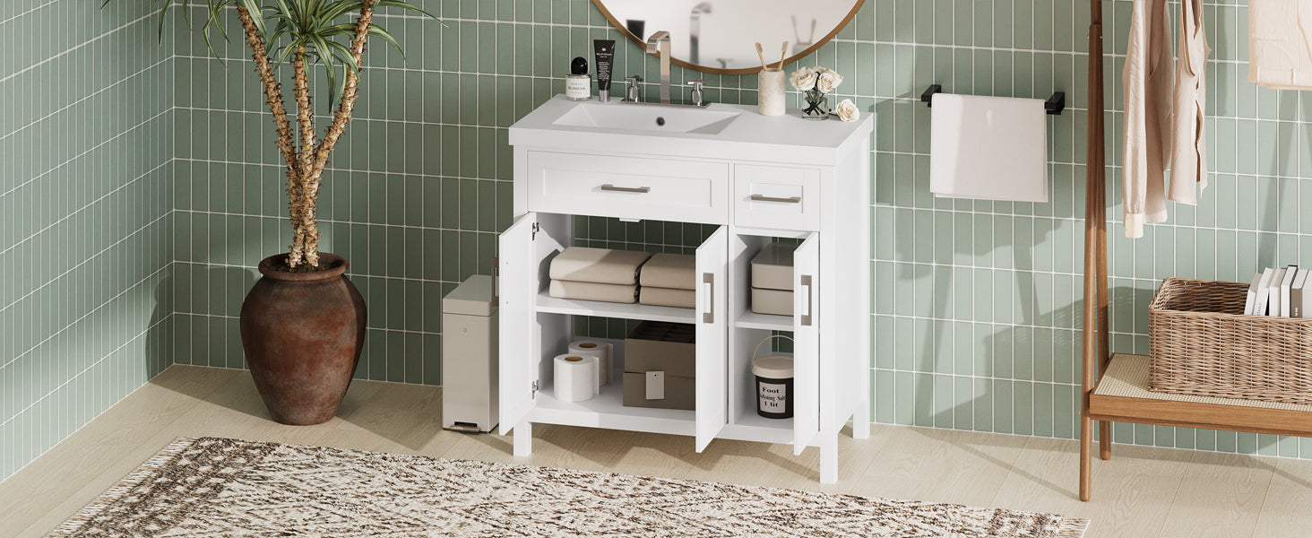 36" White Bathroom Vanity Cabinet With Resin Integrated Sink 2 Drawers, 3 Doors White Bathroom Solid Wood Mdf Resin