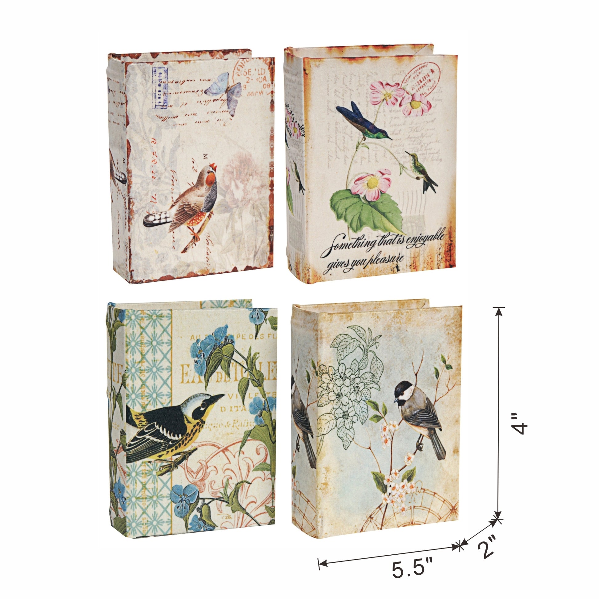 Set Of 4 Book Boxes With Birds, Flowers, And Handwriting Design, 5.5X4X2" Multi Mdf