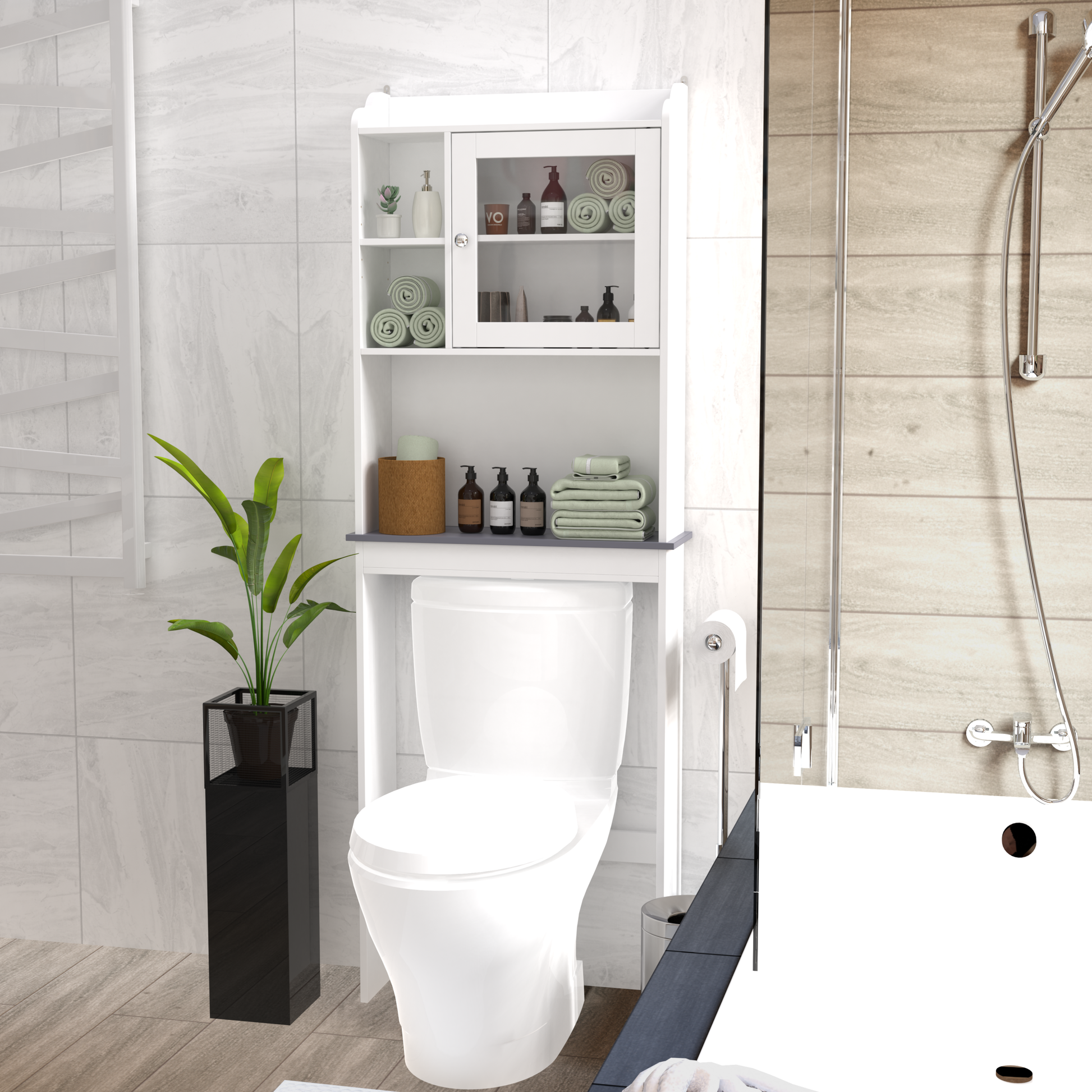 Modern Over The Toilet Space Saver Organization Wood Storage Cabinet For Home, Bathroom White White Mdf