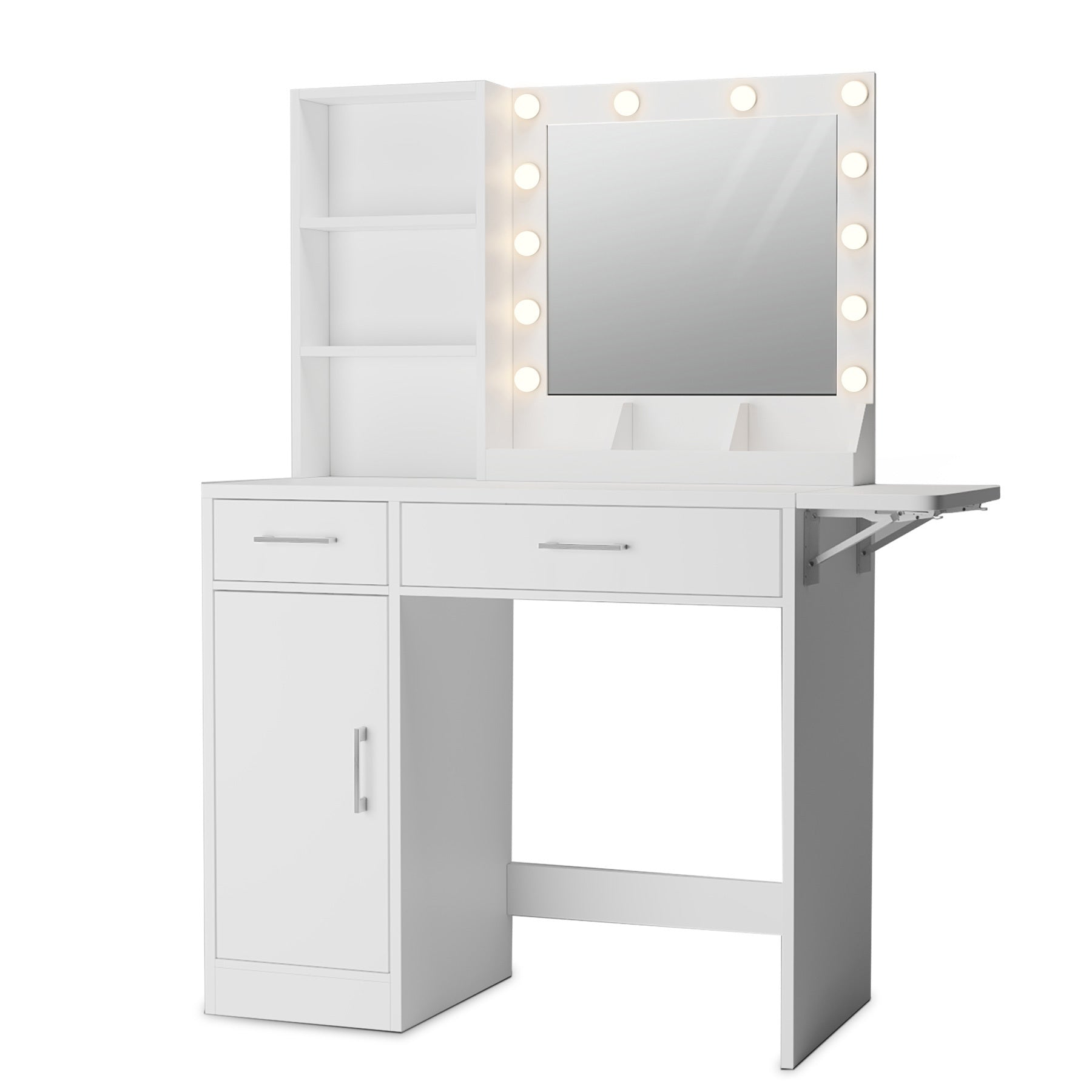 Vanity Desk With Drawers & Mirror With Lights, With Drawers & Cabinet 3 Shelves Lots Storage For Stylish Bedroom White White Particle Board