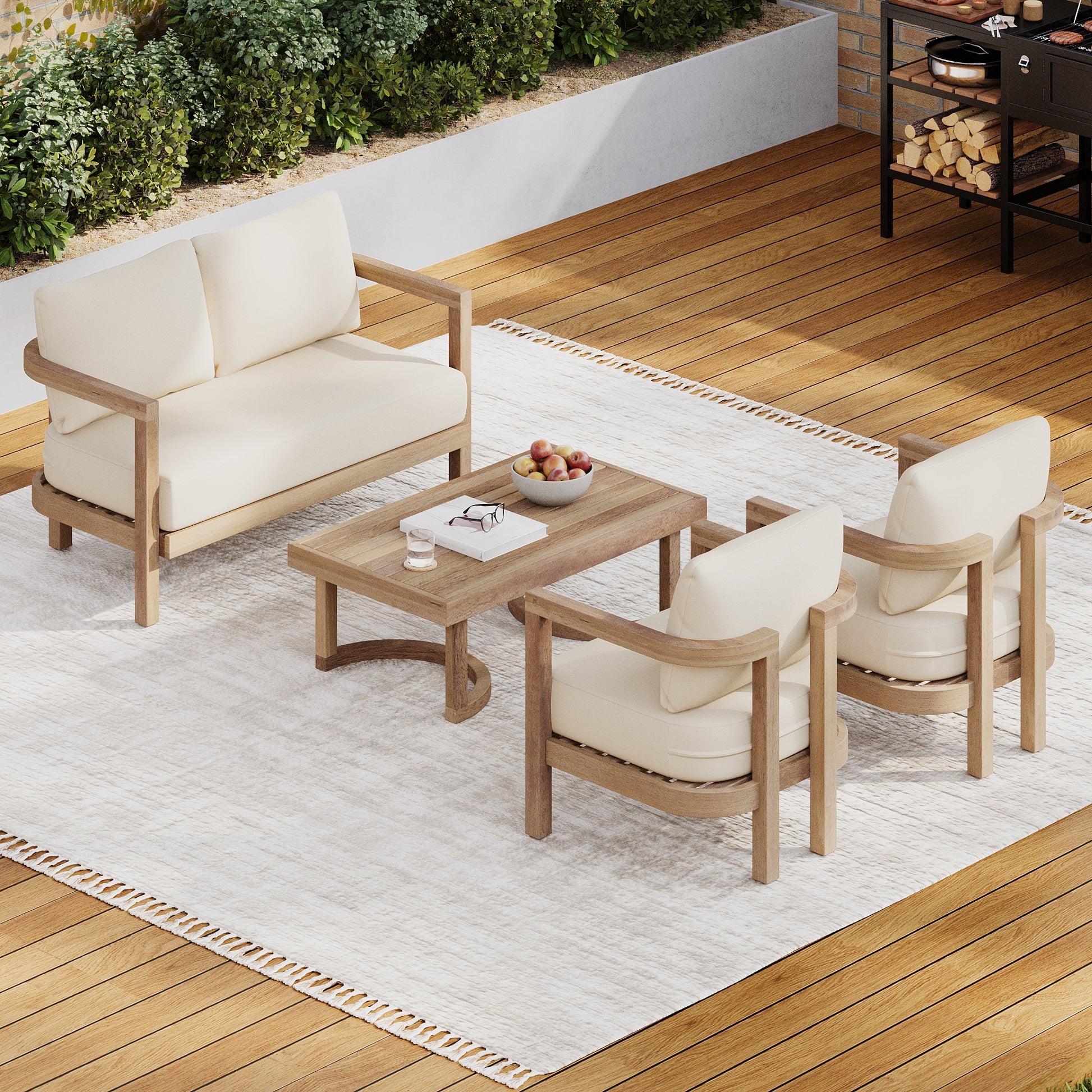 4 Pieces Acacia Wood Patio Furniture Set, Outdoor Furniture With Coffee Table, Patio Conversation Set Deep Seating With Soft Cushion, Porch Chairs For Garden, Backyard Porch Balcony, Brown Wash, Beige Yes Brown Beige Seats 4 Garden & Outdoor Sectional