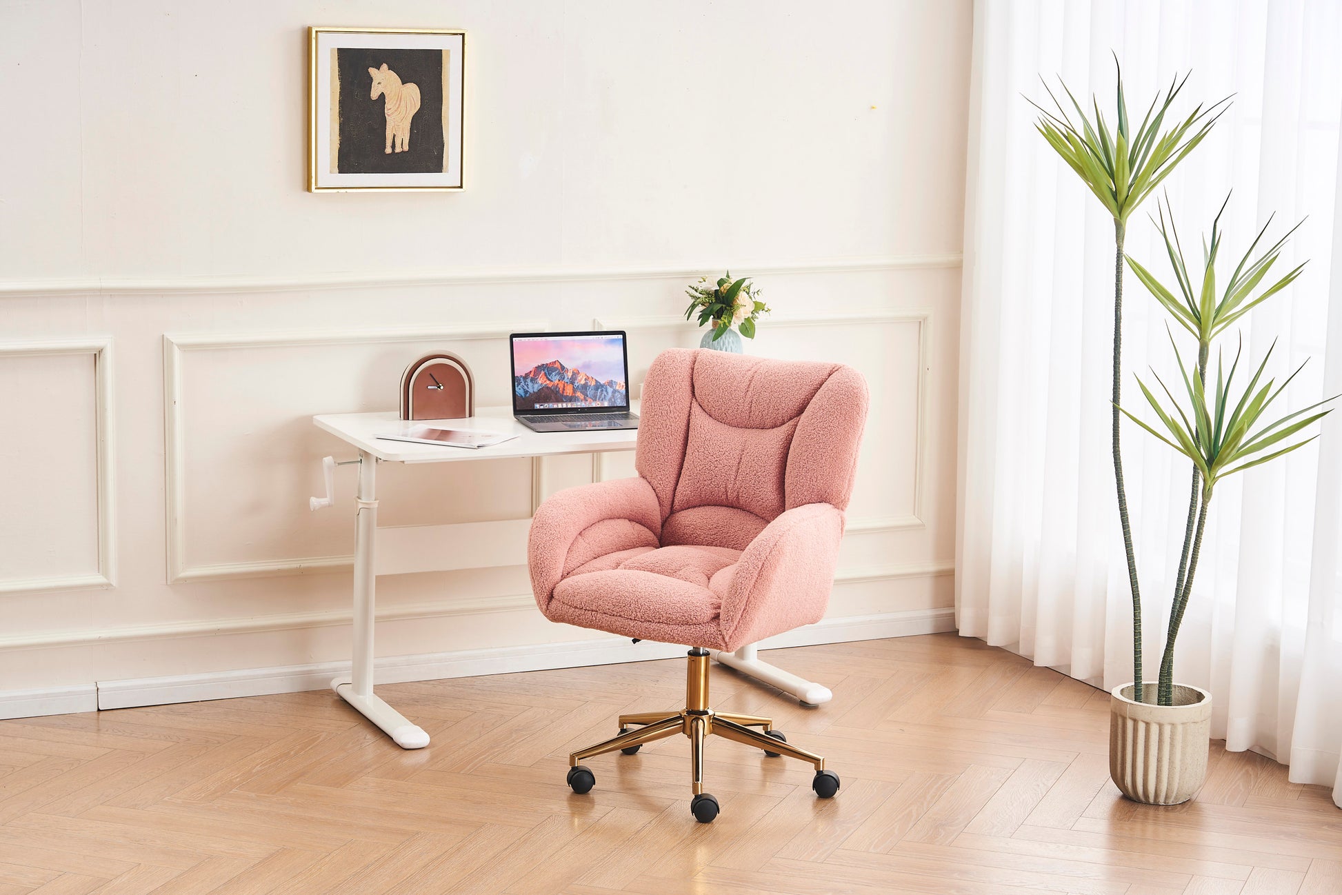 005 Teddy Fabric 360 Swivel Home Office Chair With Gold Metal Base And Universal Wheels,Pink Solid Pink Office Sponge Wipe Clean Modern Office Chairs Tufted Back Foam Swivel Teddy