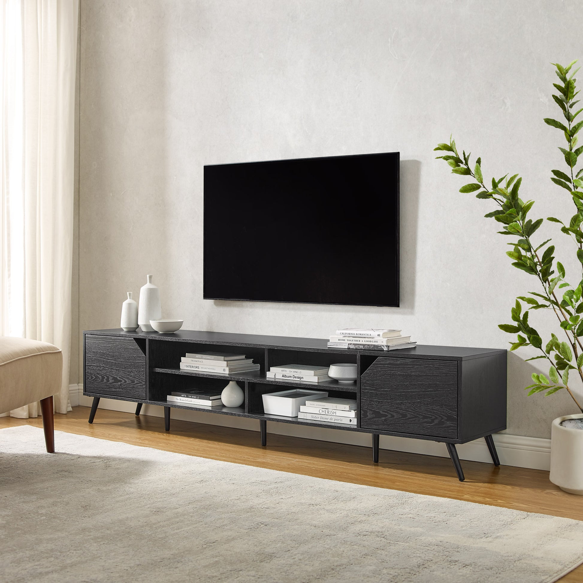 Contemporary 2 Door Minimalist Tv Stand For Tvs Up To 90 Inches Black Black 90 Inches Or Larger Mdf Mdf