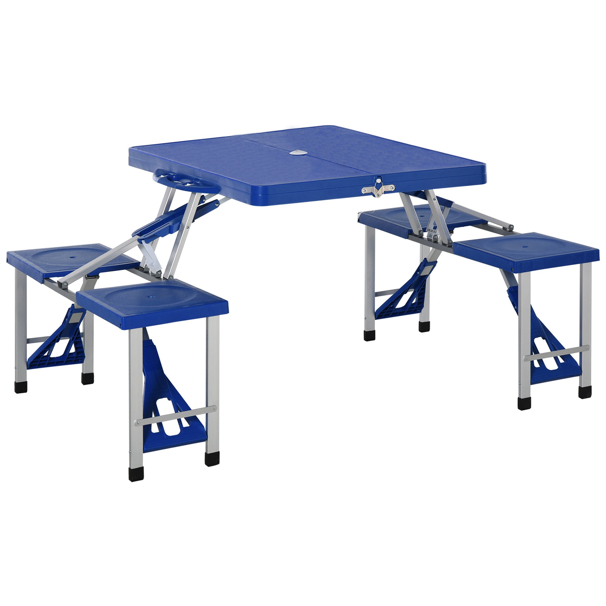 Outsunny Folding Picnic Table With Seats And Umbrella Hole, Portable Camping Chairs Set, 4 Seat, Aluminum Frame, Blue Blue Aluminum