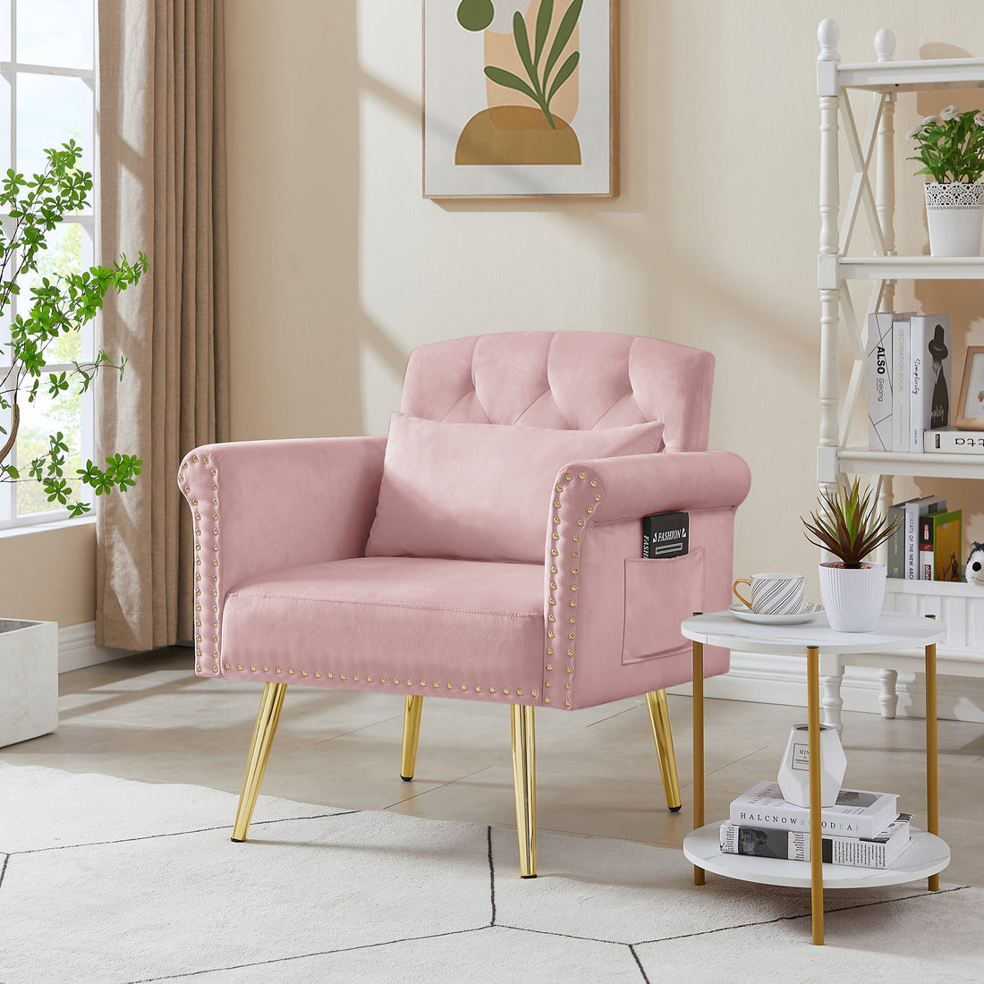 Pink Velvet Armchair With Metal Legs Pink Foam Velvet