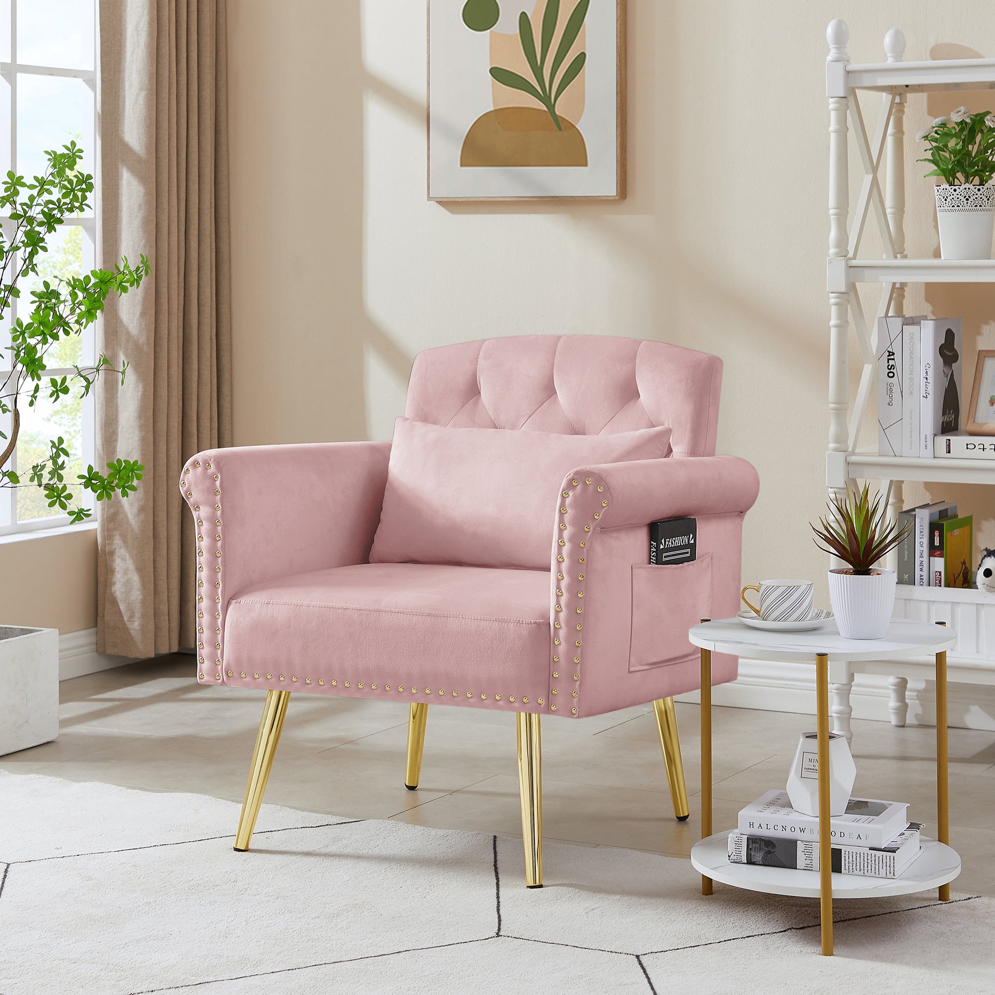 Pink Velvet Armchair With Metal Legs Pink Foam Velvet