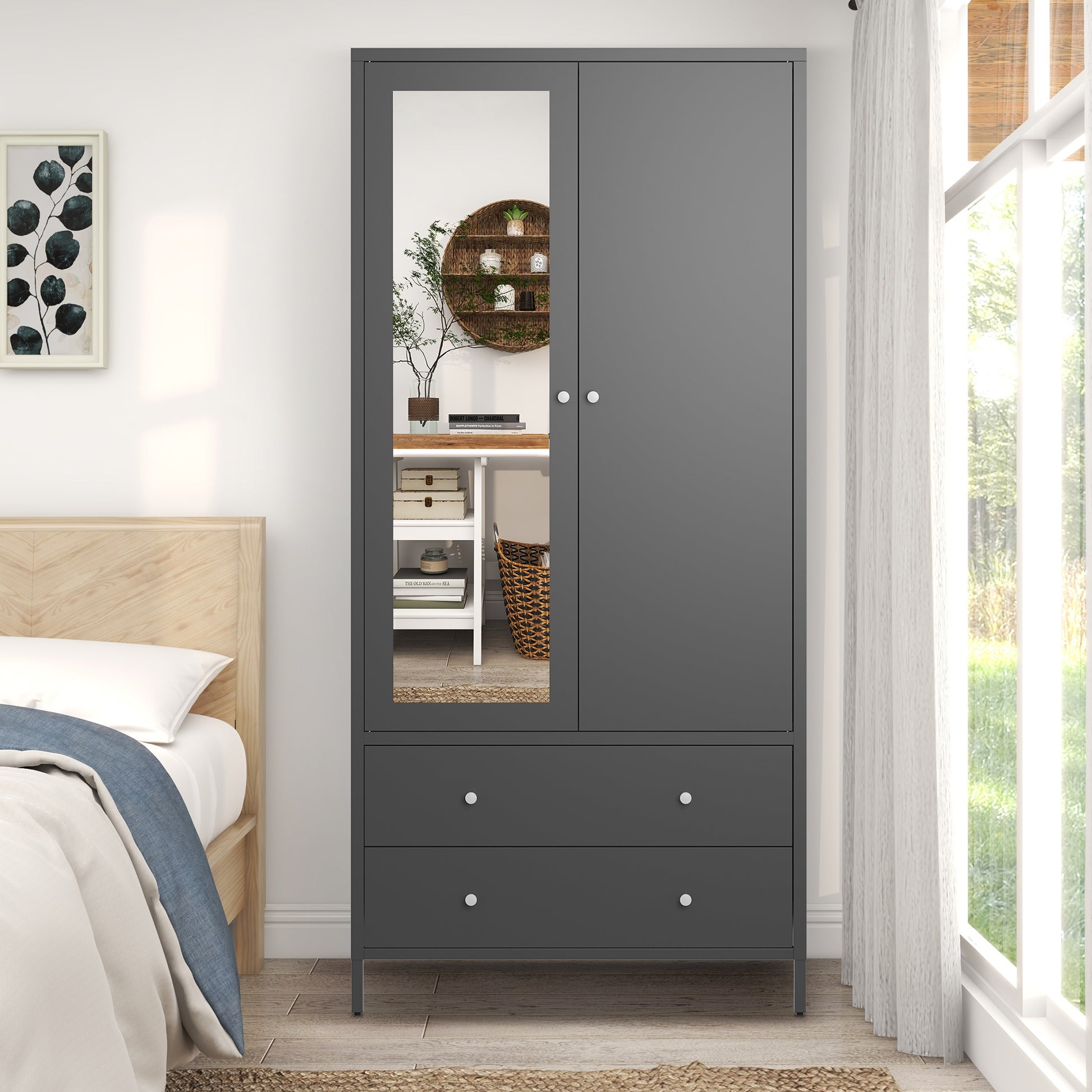 Metal Armoire Wardrobe Closet With 2 Drawers, Mirror Door And Hanging Metal Armoire Wardrobe Closet With 2 Drawers, Mirror Door And Hanging