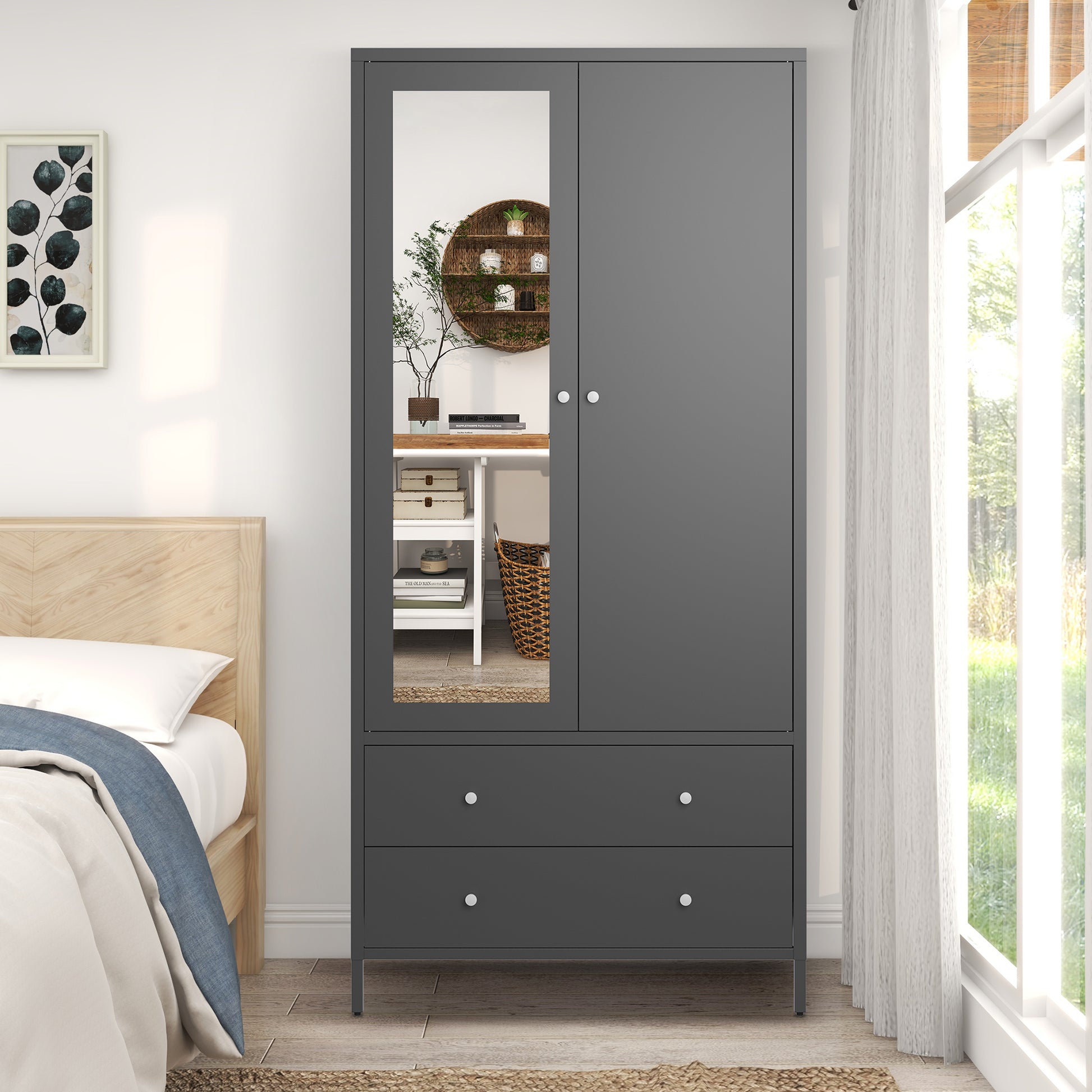 Metal Armoire Wardrobe Closet With 2 Drawers, Mirror Door And Hanging Rod, Metal Clothing Storage Cabinet, Garment Organizer With Magnetic Door Dark Grey Gray Bedroom Retro Steel