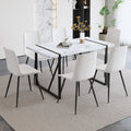 Table And Chair Set.A Modern Minimalist White Marble Veined Mdf Dining Table With Metal Frame.Paried With 6 Chairs With Pu Cushions And Black Metal Legs. White Seats 6 Mdf Metal