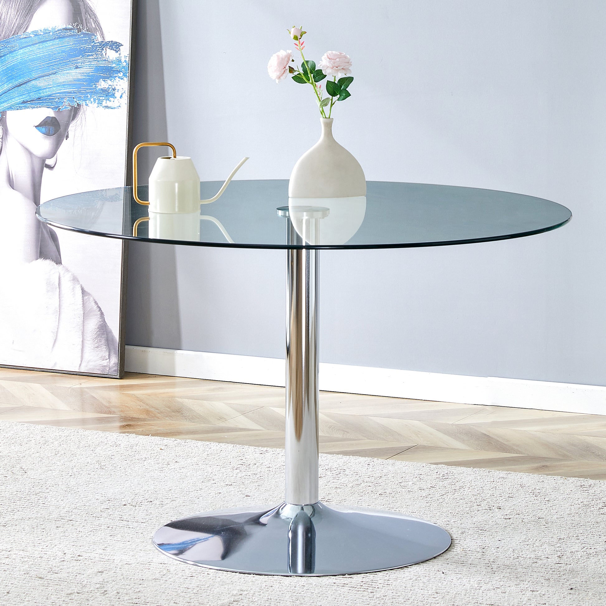 A Glass Tabletop With A Diameter Of 47 Inches And A Modern Minimalist Circular Dining Table With Electroplated Silver Metal Legs. Suitable For Restaurants, Living Rooms, And Conference Rooms.Dt 1166