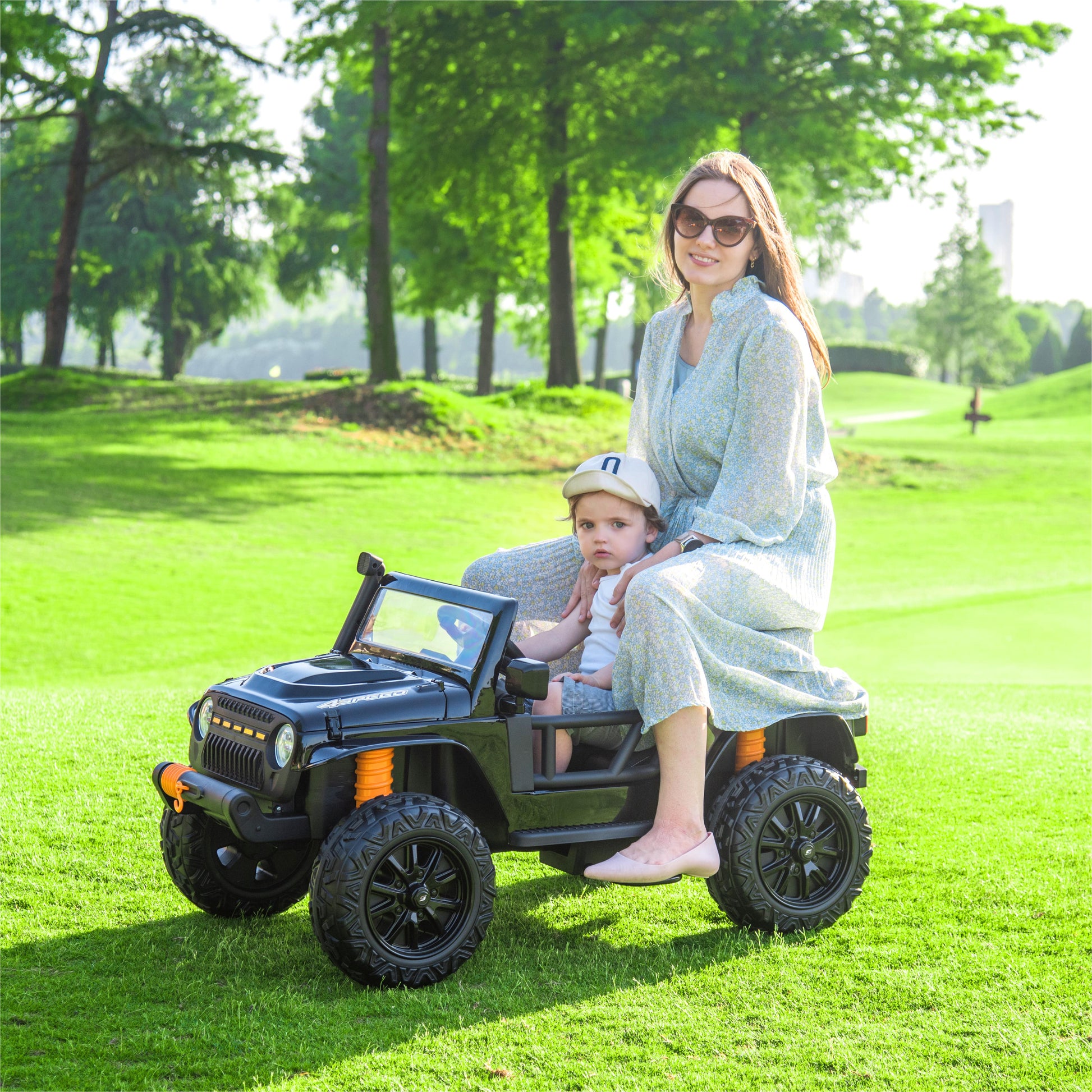 Ride On Car 24V Car For Kids & Parents, Battery Powered Toy Car With Remote Control, Bluetooth,Front Back Button,Safety Belt Black Abs Steel Q235 3 To 4 Years Plastic Indoor & Outdoor Use