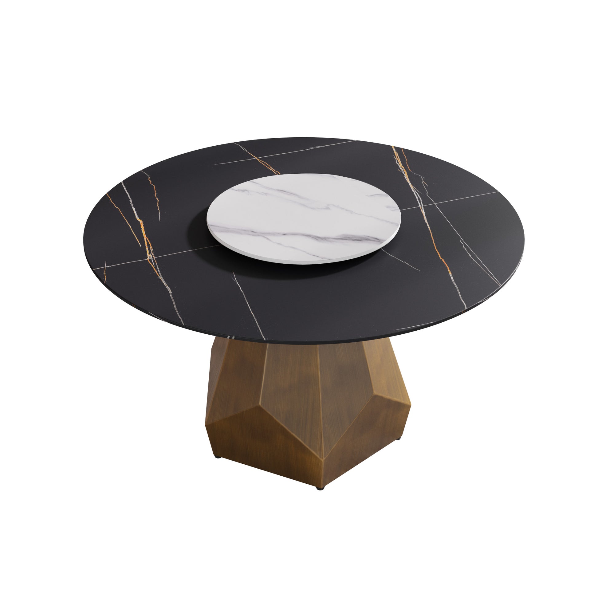 53" Round Marble Dining Table With Metal Base, Artificial Marble For 6 People, 23.62"White Artificial Stone Turntable,Black&White Dining Table Only Black,White Metal Sintered Stone