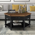 2 Tier Retro Hexagon Living Room Solid Wood Coffee Table With Shelf & Drawer, 36'' Mid Century Center Coffee Table For Living Room, Office. Black And Cherry Top Black Pine
