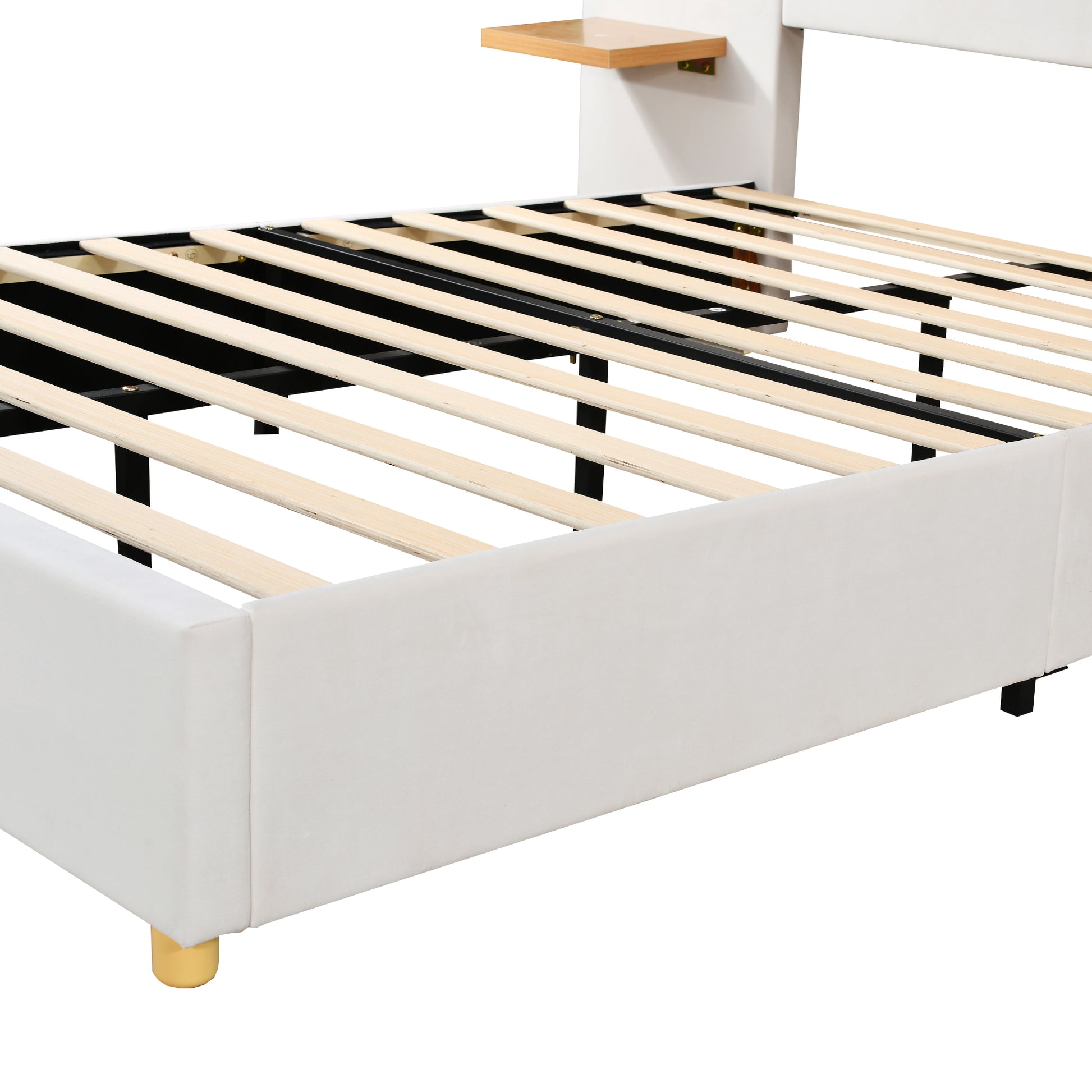 Full Size Upholstered Platform Bed, Two Outlets And Usb Charging Ports On Both Sides, Two Bedside Pillows, Storage Shelves,Velvet,Beige Full Beige Mdf Lvl