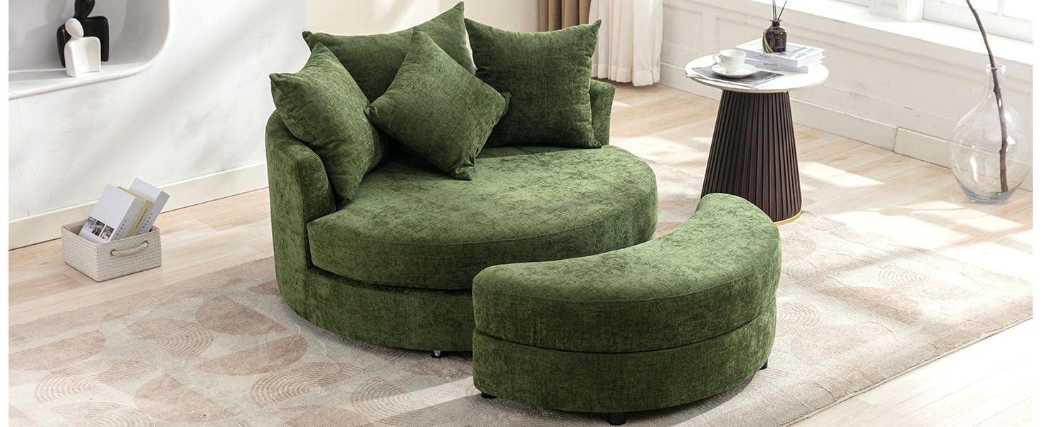 Orisfur. 360 Swivel Accent Barrel Chair With Storage Ottoman & 4 Pillows, Modern Chenille Leisure Chair Round Accent For Living Room, Green Green Foam Chenille