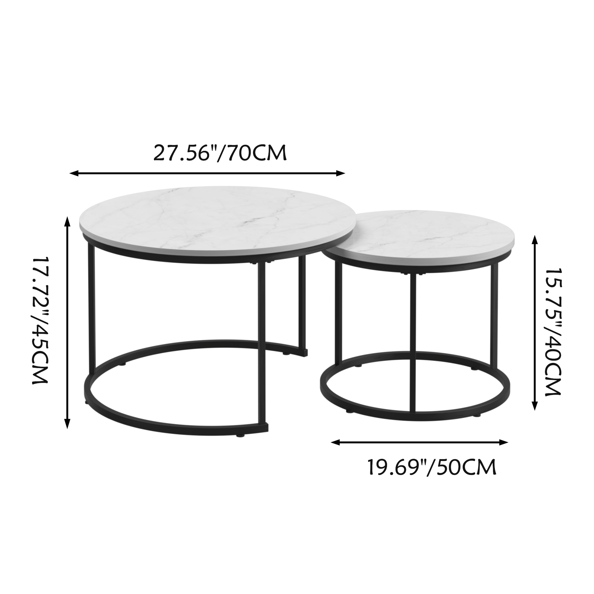 Nesting Coffee Table Set Of 2, 27.6Inch Round Coffee Table Wood Marble Pattern Top With Sturdy Metal Frame, End Table Side Tables For Living Room Bedroom Balcony Yard White White Wood Metal