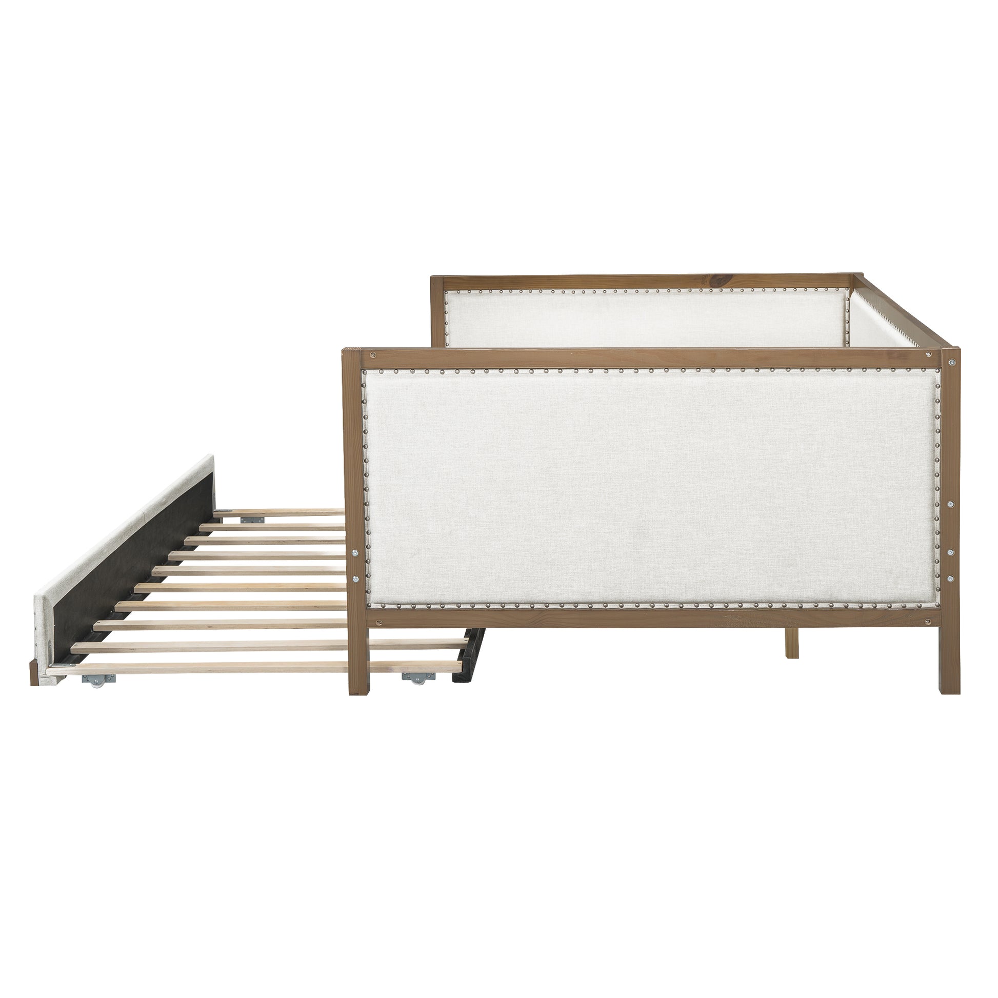 Full Size Upholstered Daybed With Trundle And Decoration, Wood Color Box Spring Not Required Full Wood Wood Daybeds Linen Upholstered