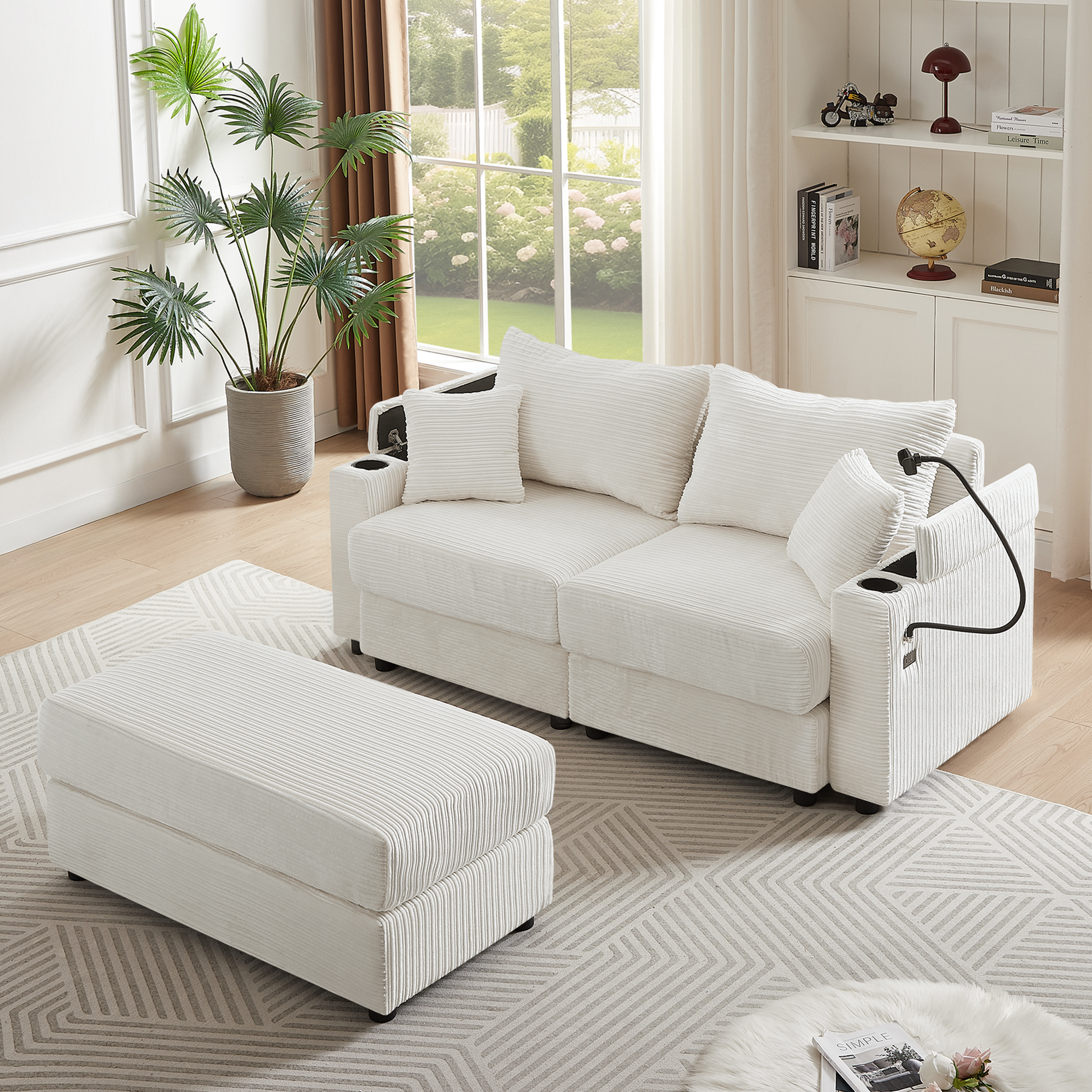 72.8" Modern Style Loveseat Sofa Sectional Sofa Couch With Storage Space, A Movable Ottoman, Two Usb Ports, Two Cup Holders, A Phone Holder For Living Room, Beige Beige Foam Corduroy 3 Seat