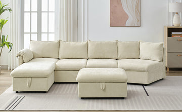 146.9" L Shaped Sofa Sectional Sofa Couch Pull Out Sofa Bed With A Movable Storage Ottoman, A Storage Chaise Lounge And Two Usb Ports For Living Room, Beige Beige Foam Linen 5 Seat