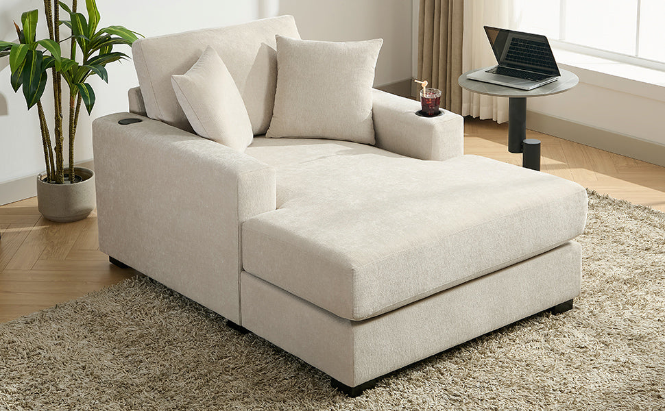 43.5" Oversized Chaise Lounger Modern Style Sofa Couch ,With Pillows, Charge Station & Cup Holders, Chenille Fabric, Cream Cream Chenille