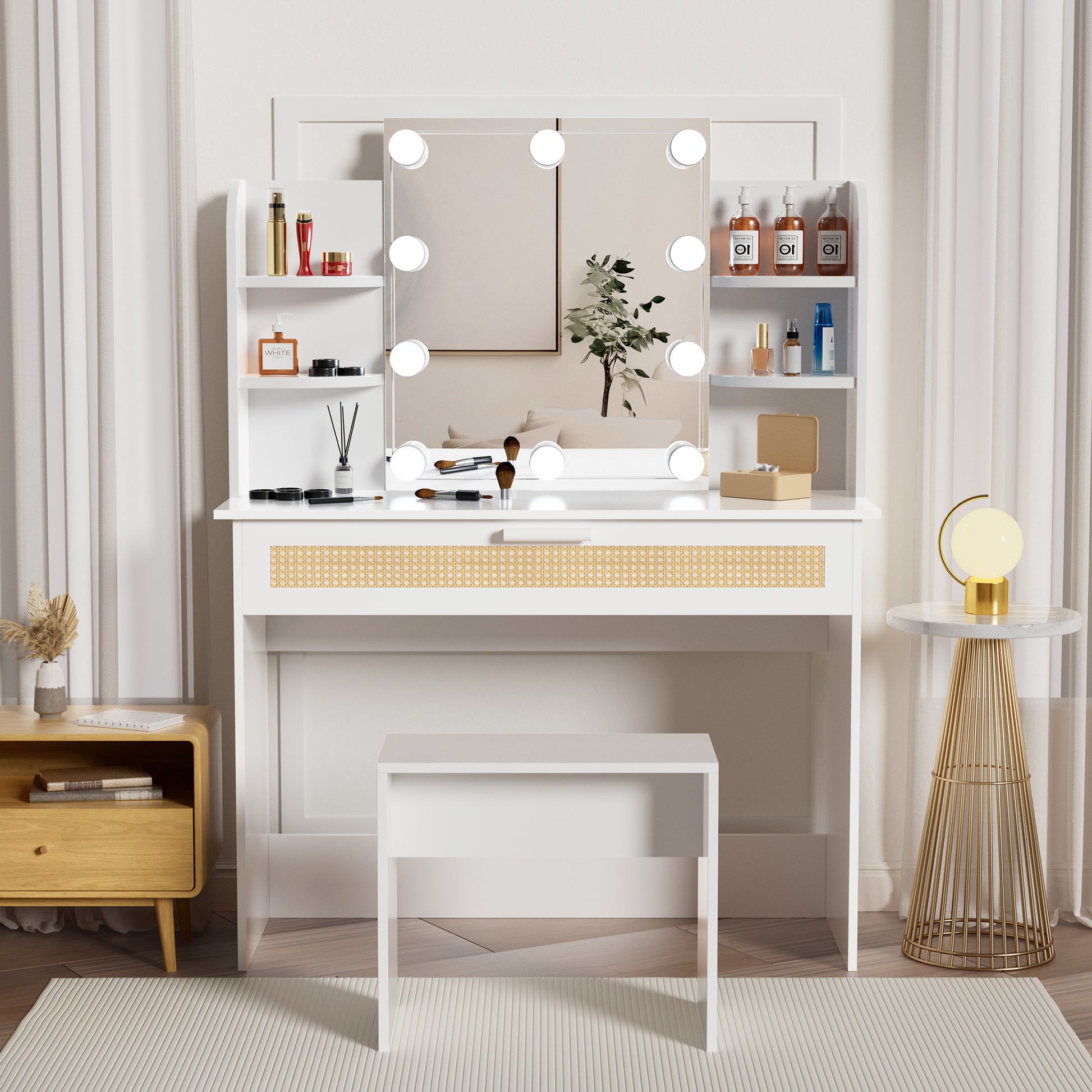 Vanity Desk Set Stool & Dressing Table With Led Lighting Mirror Drawer And Compartments Modern Wood Cosmetic Table Chest Of Drawers White Color Gloss White White 1 Drawer Bedroom Wood