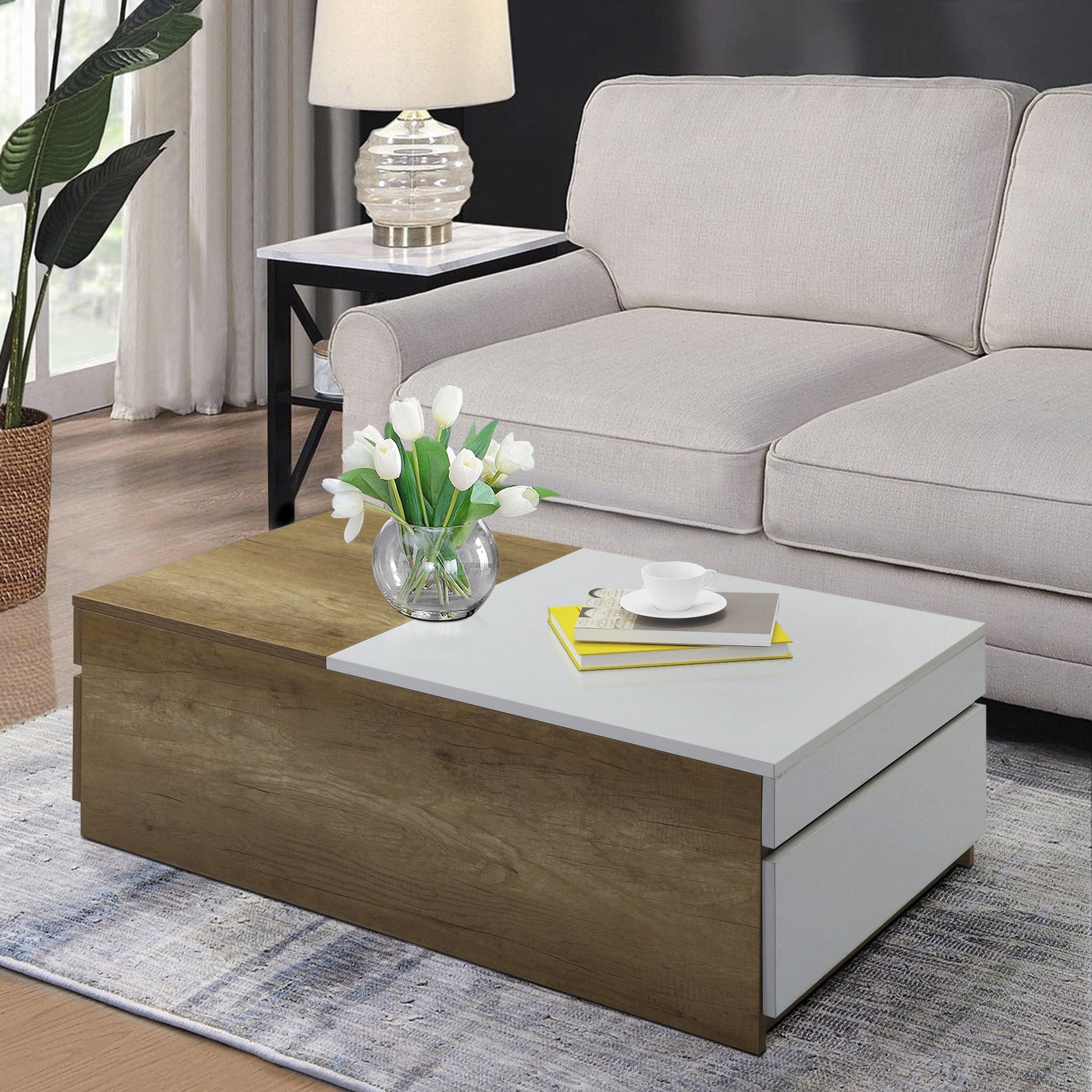 Oak And White Coffee Table With Hidden Compartments Oak Primary Living Space Drawers Rectangular Wood