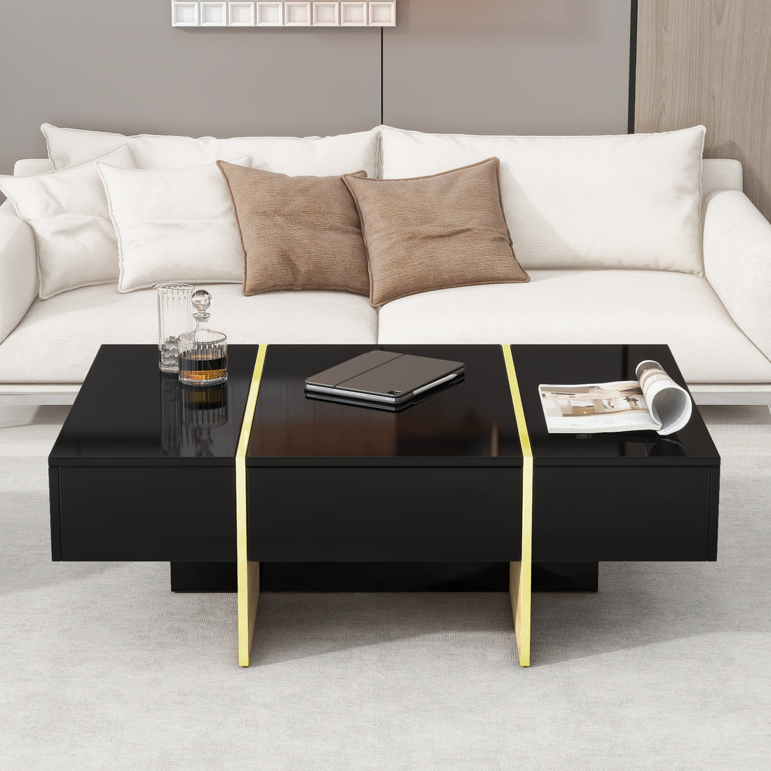 47.2'' X 31.4''Minimalist High Gloss Coffee Table With 2 Drawers, Multi Storage Rectangle Sofa Table With Golden Wood Grain Legs, Modern Center Table For Living Room, Black Black Particle Board Mdf