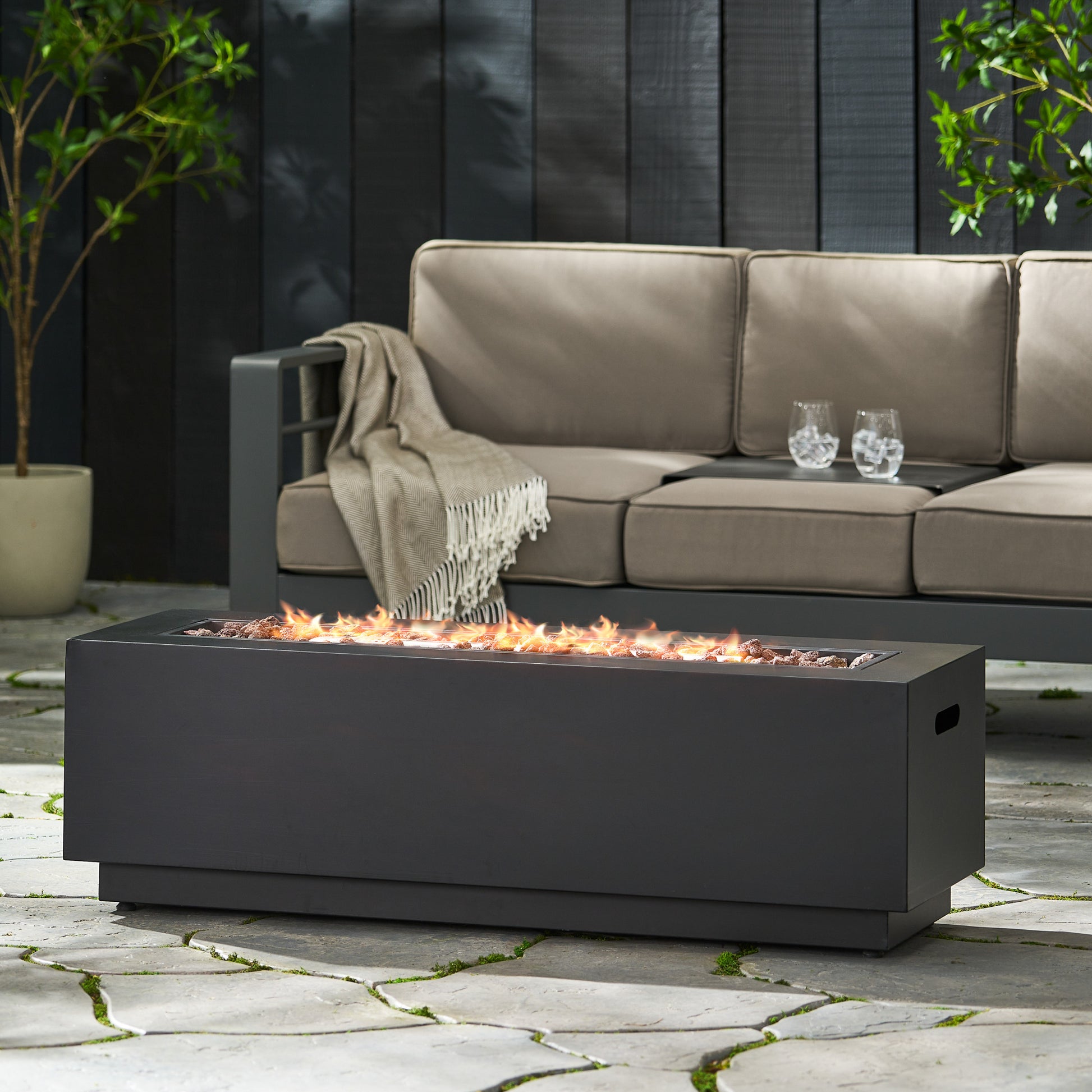 Rectangular Iron Fire Pit 50000Btu Tank Cover Not Included Dark Grey Iron