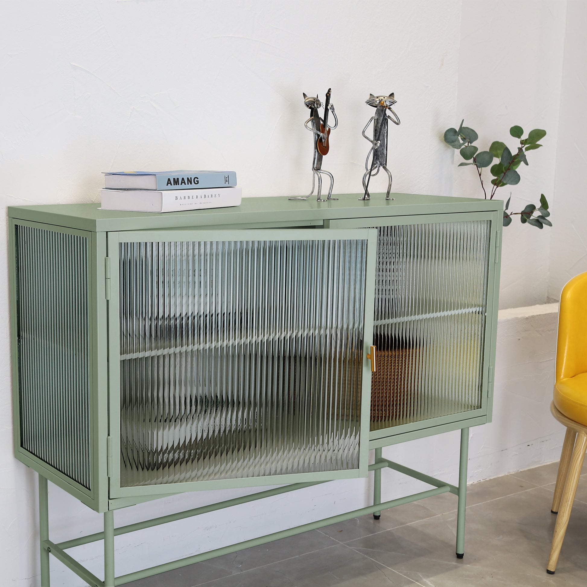 Mint Green Sideboard Storage Cabinet With Two Fluted Glass Doors Detachable Shelves Bottom Space For Living Room, Office, Dinging Room And Entryway Old Sku:W68743733 Green Steel