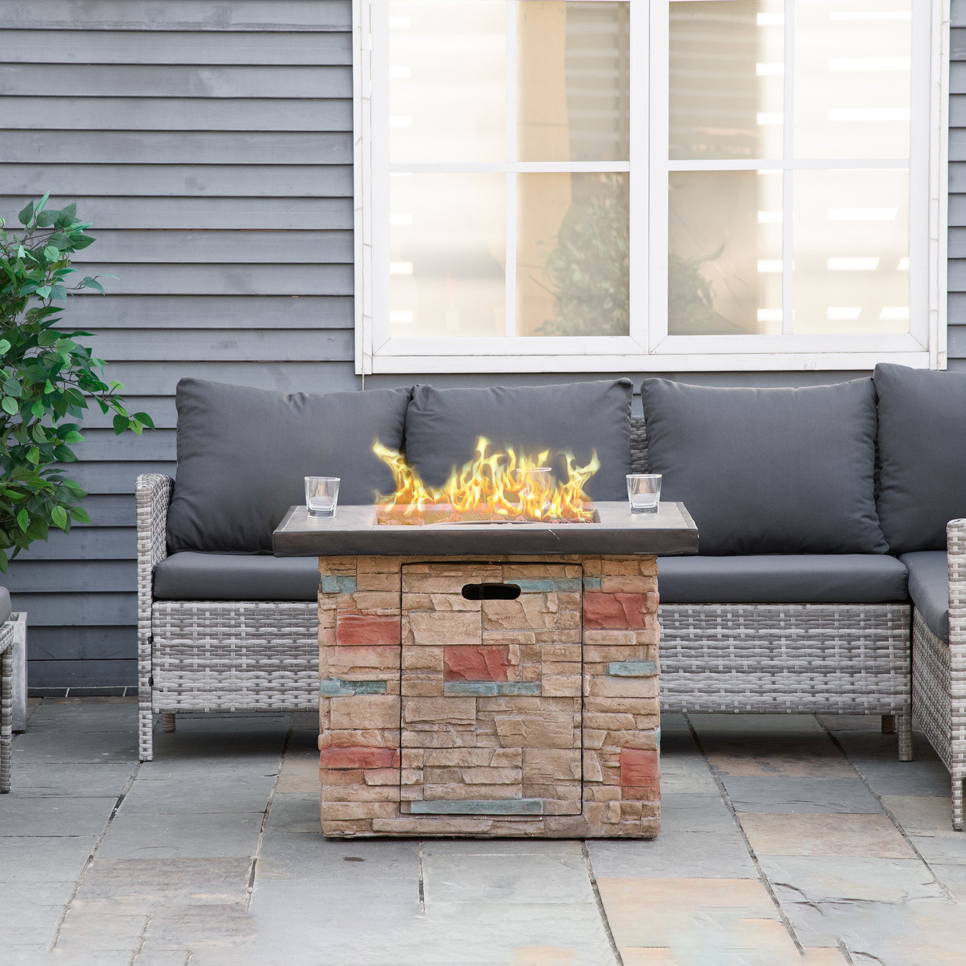 Outsunny 32 Inch Outdoor Propane Gas Fire Pit Table, 50,000 Btu Auto Ignition Square Faux Ledge Stone Gas Firepit With Lava Rocks And Rain Cover, Csa Certification, Brown Brown Stainless Steel