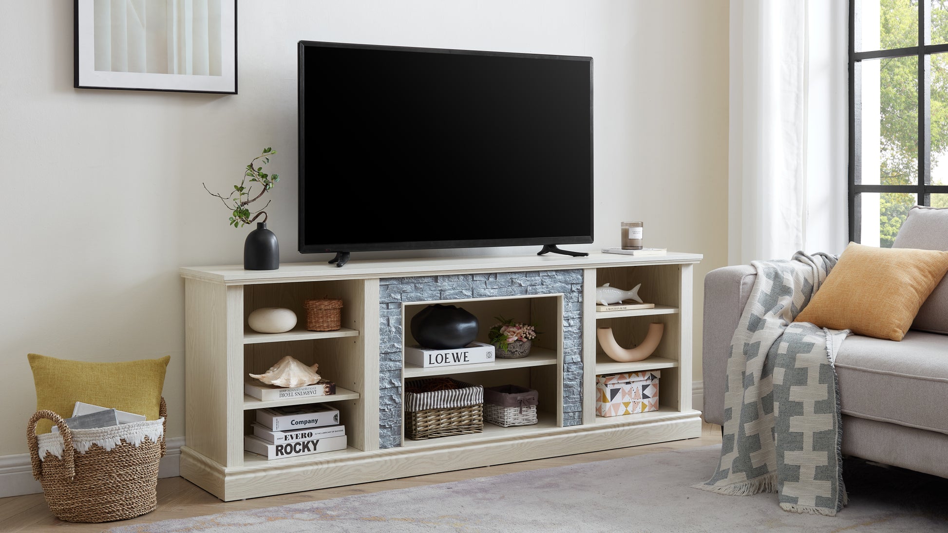 Large Tv Desk Storage Rack With Faux Stacked Stone Surround,Media Console Table With Large Storage Cabinet,Modern Tv Media Entertaionment Stand,White, 70.12"W*15.35"D*25.83"H White 70 79 Inches Mdf