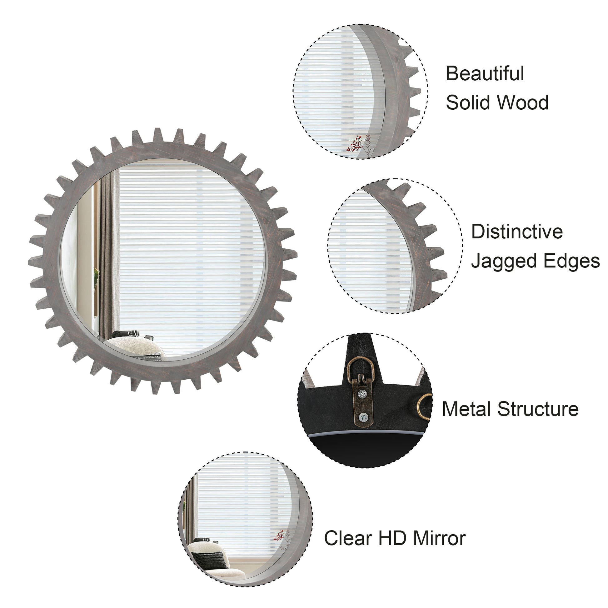 Vintage 17'' X 17'' Wood Round Hanging Gear Shape Decorative Mirror Patchwork Effect With Large Size Mirrors Individually On Art Walls,Sold Individually Antique Dark Brown Dark Brown American Design Mdf Glass Mirror