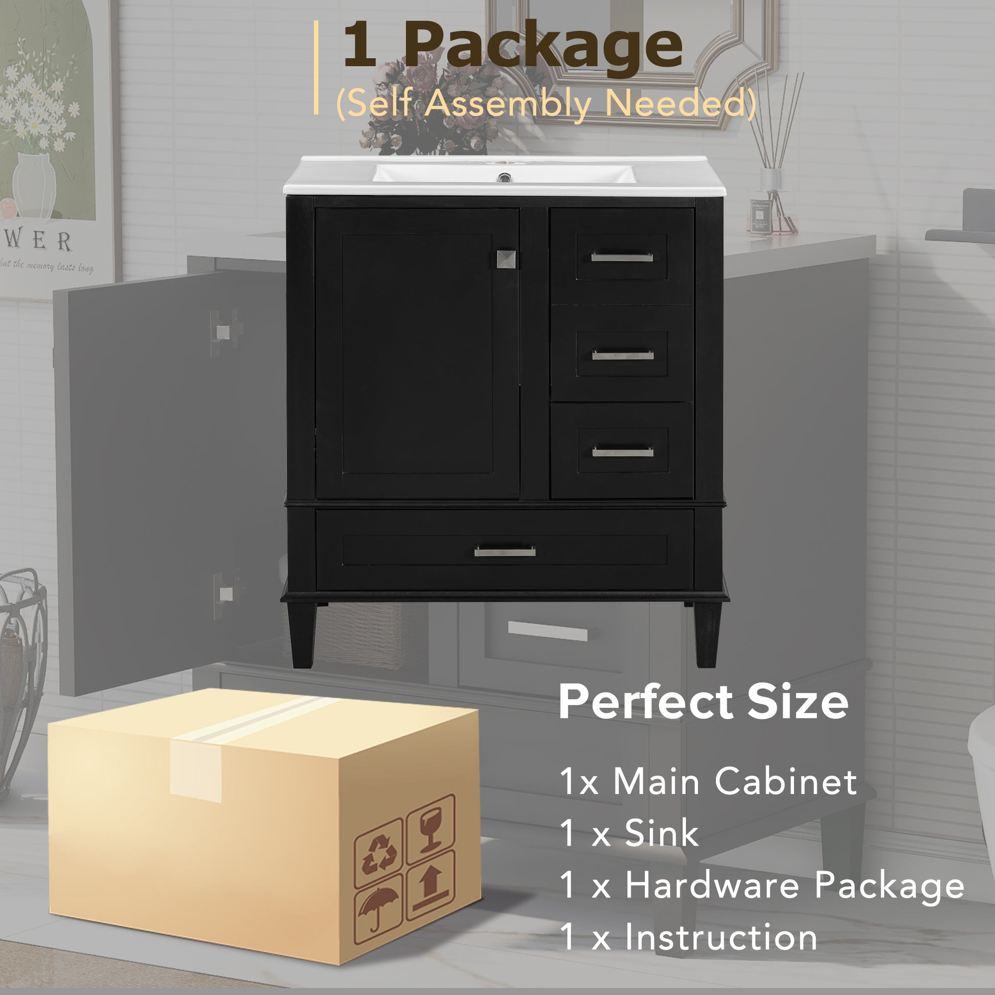 30" Bathroom Vanitymodern Bathroom Cabinet With Sink Combo Set, Bathroom Storage Cabinet With A Soft Closing Door And 3 Drawers, Solid Wood Frame Black Black Bathroom Solid Wood Mdf