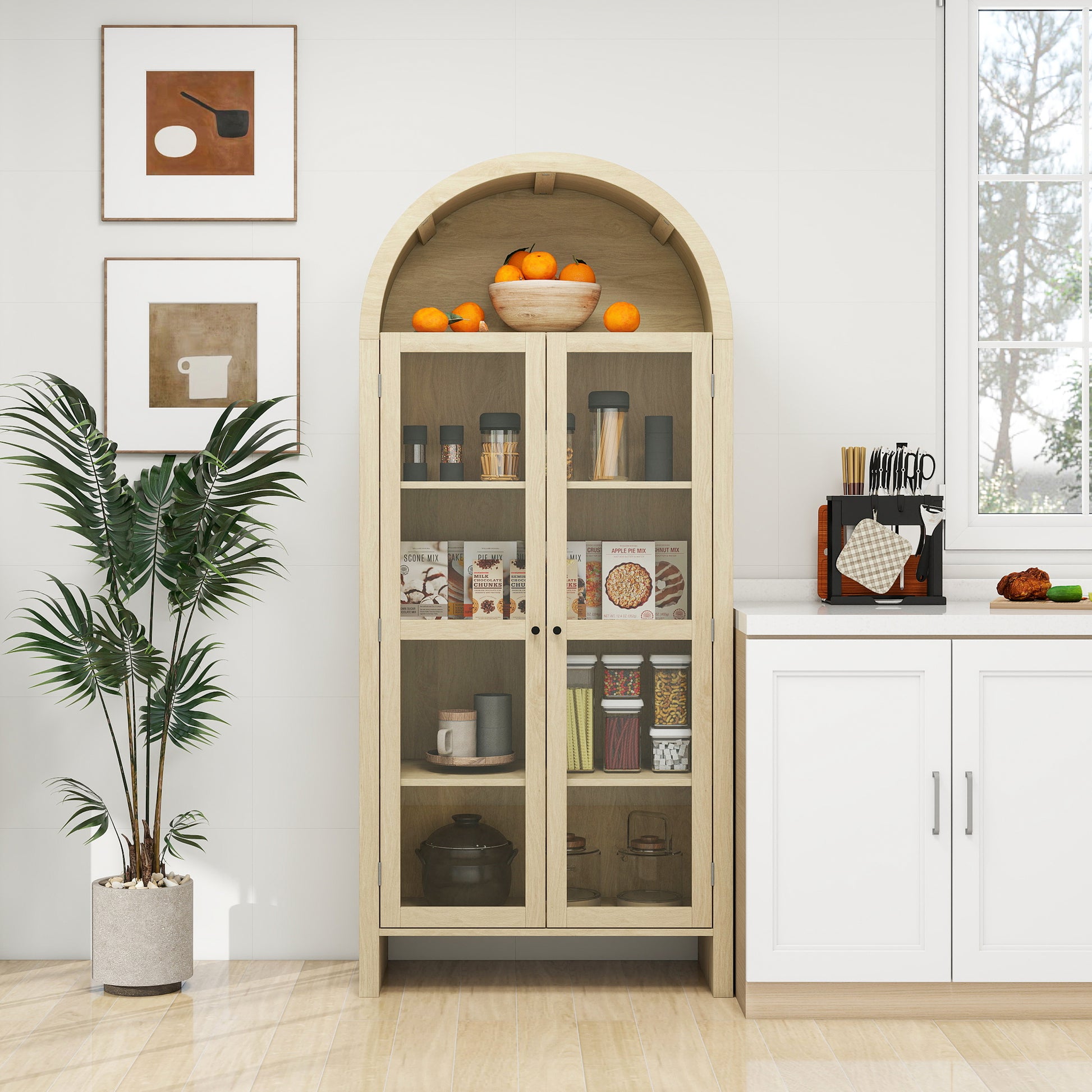 70.28" Tall Arched Kitchen Pantry, Modern Farmhouse Wood Kitchen Storage Cabinets ,Arched Storage Display Cabinet With Adjustable Shelves, Versatile Cupboard For Kitchen, Dining Room, Living Room