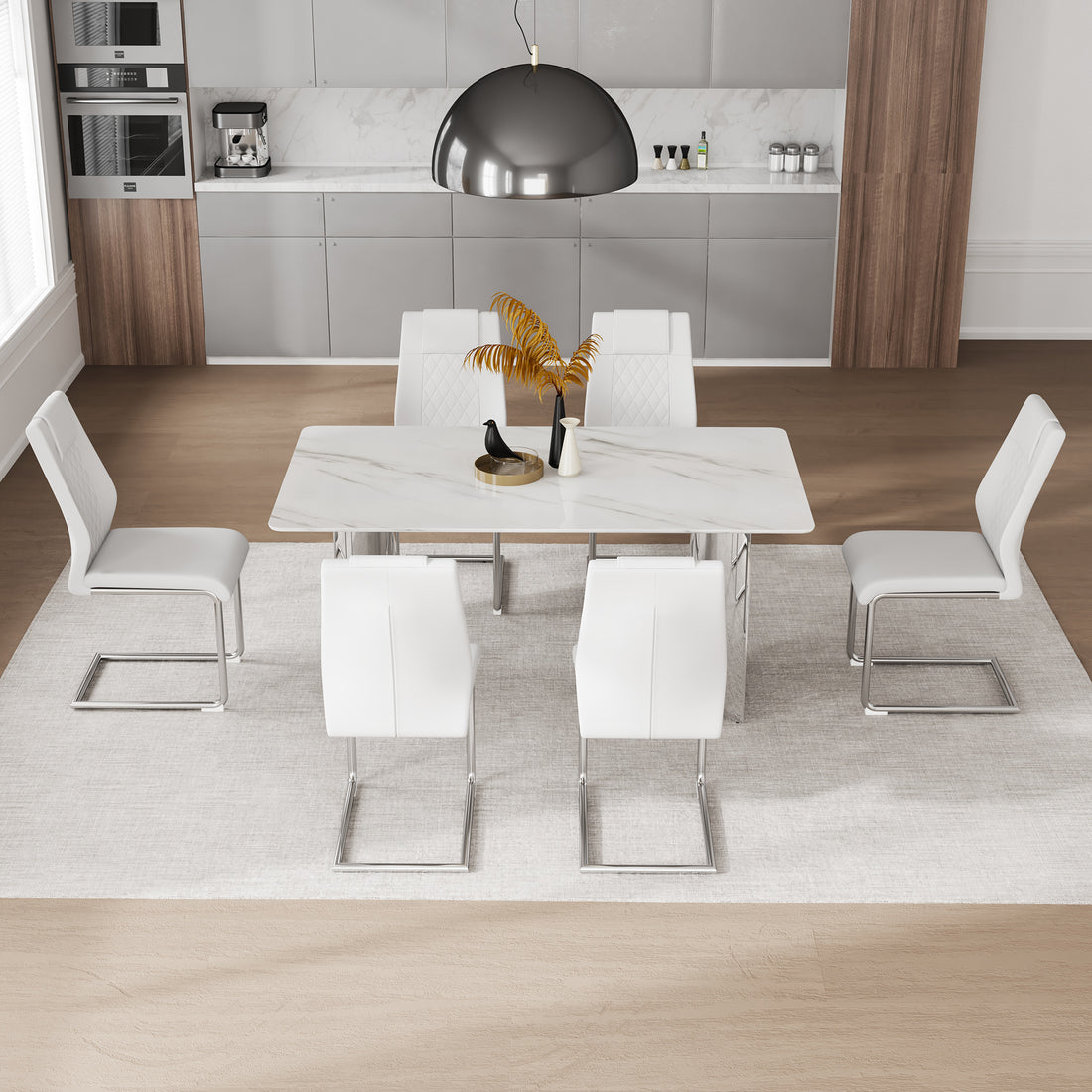 Table And Chair Set, Modern And Minimalist Dining Table. Imitation Marble Glass Sticker Desktop, Stainless Steel Legs, Stable And Beautiful. Comfortable Pu Seats. Dt 69 Silver Glass