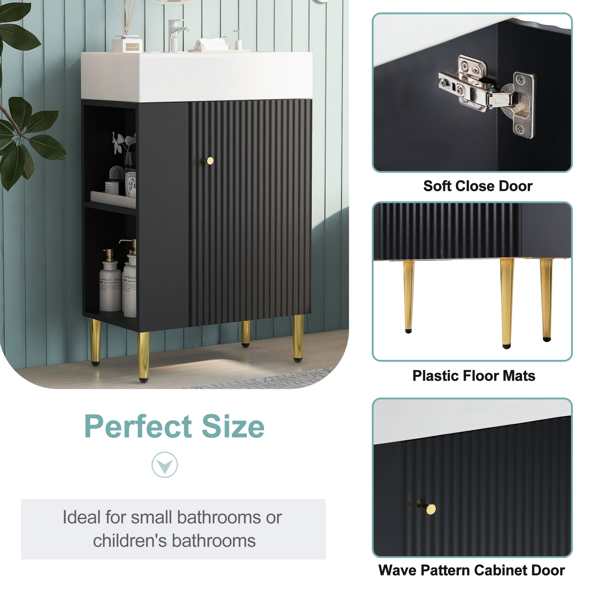 21.6" Black Bathroom Vanity, Combo Cabinet, Bathroom Storage Cabinet, Single Ceramic Sink, Left Side Storage Black Bathroom Ceramic Mdf