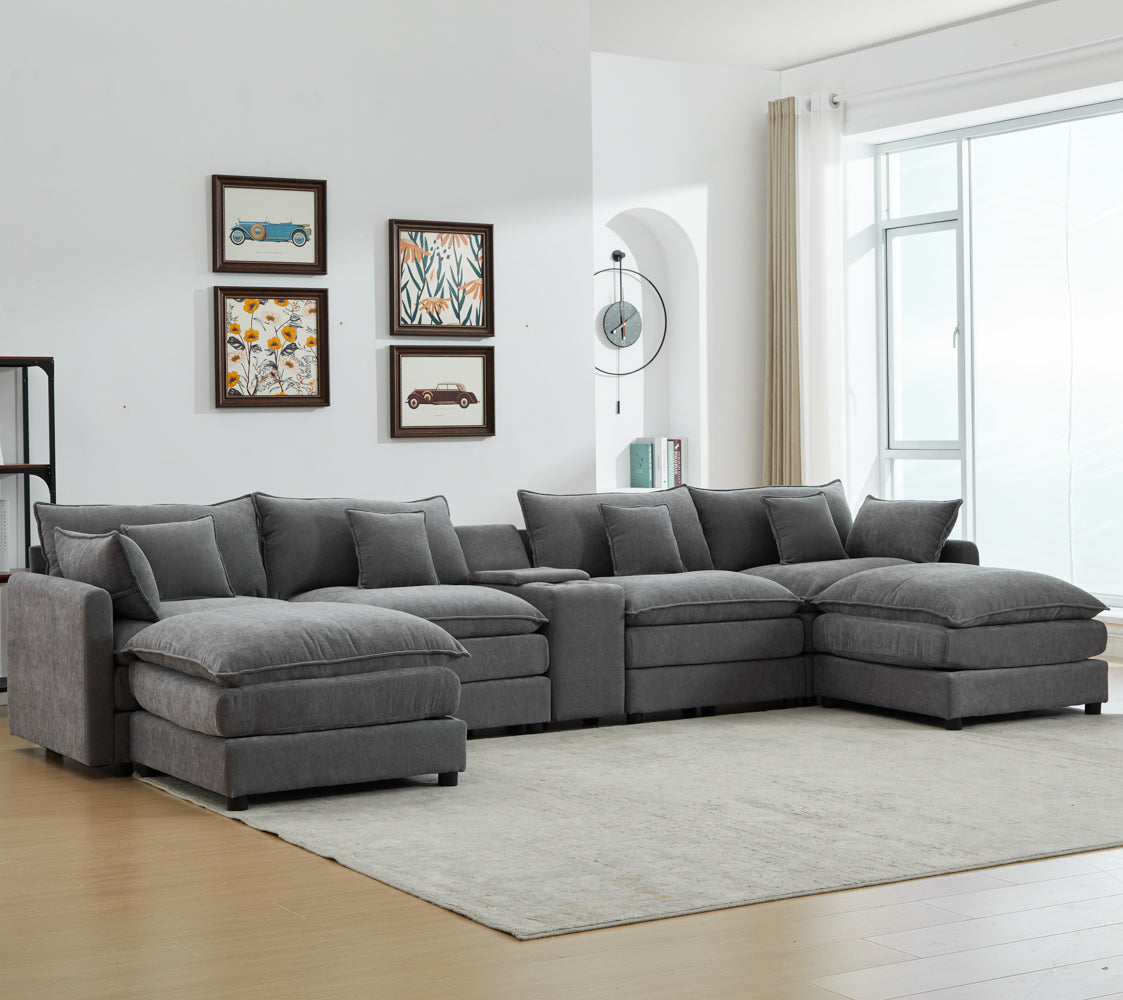 Piece Upholstered Sectional,Sectional Sofa Couch, 4 Seat Sectional Couches For Living Room U Shaped Modern Chenille Sofa Sleeper With Coffee Table Grey Grey Chenille 4 Seat