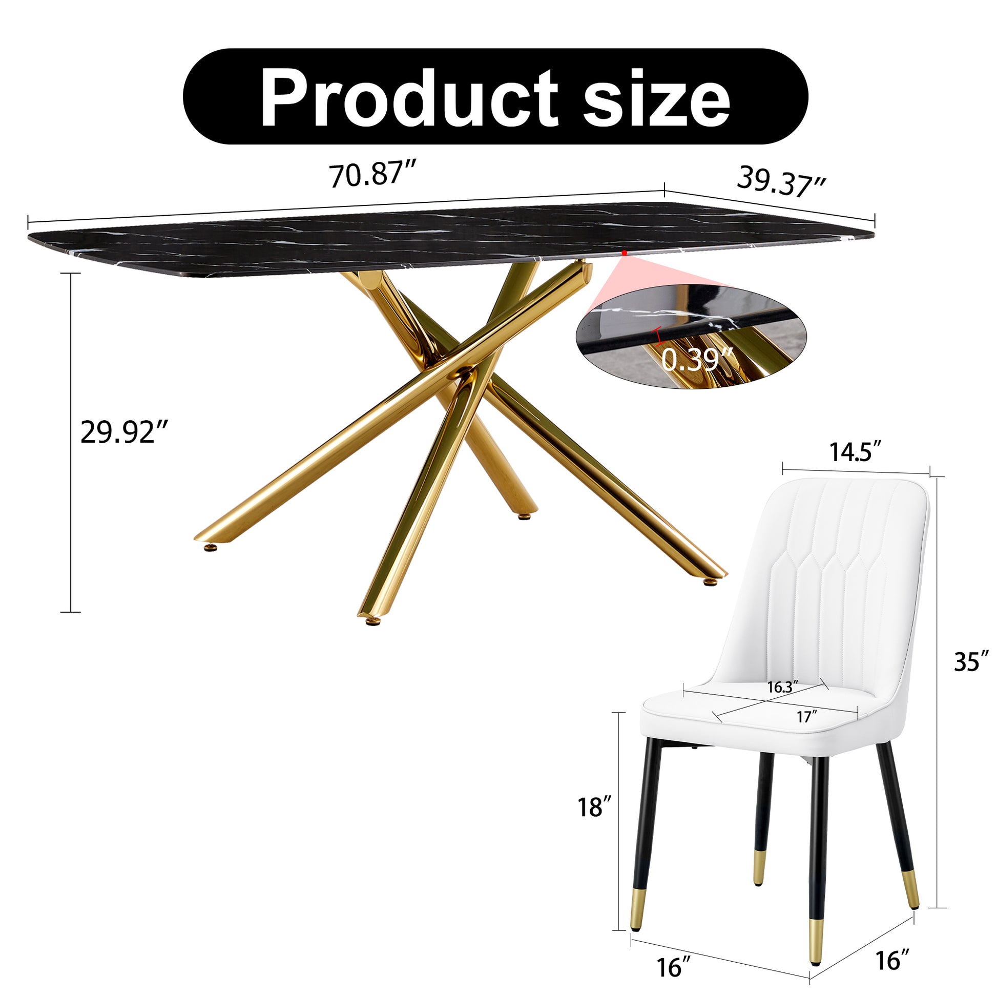 Large Modern Minimalist Rectangular Dining Table With 0.39 "Imitation Marble Black Tabletop And Golden Metal Legs, Paired With Chairs With Pu Cushions And Black Metal Legs. F 1537 C 007 Black Gold Glass Metal