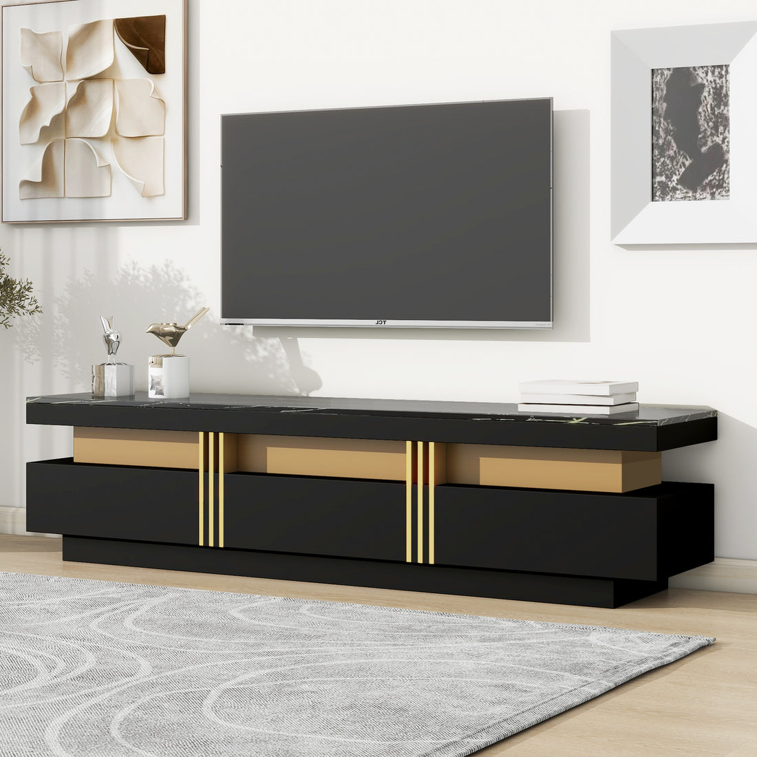 Luxury Tv Stand With High Gloss Faux Marble Top For Tvs Up To 78'', Rectangle Media Console With Golden Panel Design, Practical Entertainment Center With 3 Drawers For Living Room, Black Black Gold 70 79 Inches 70 79 Inches Mdf