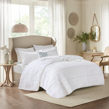 4 Piece Microfiber Reversible Ruffle Quilt Set With Throw Pillow White Full Queen Full White Cotton