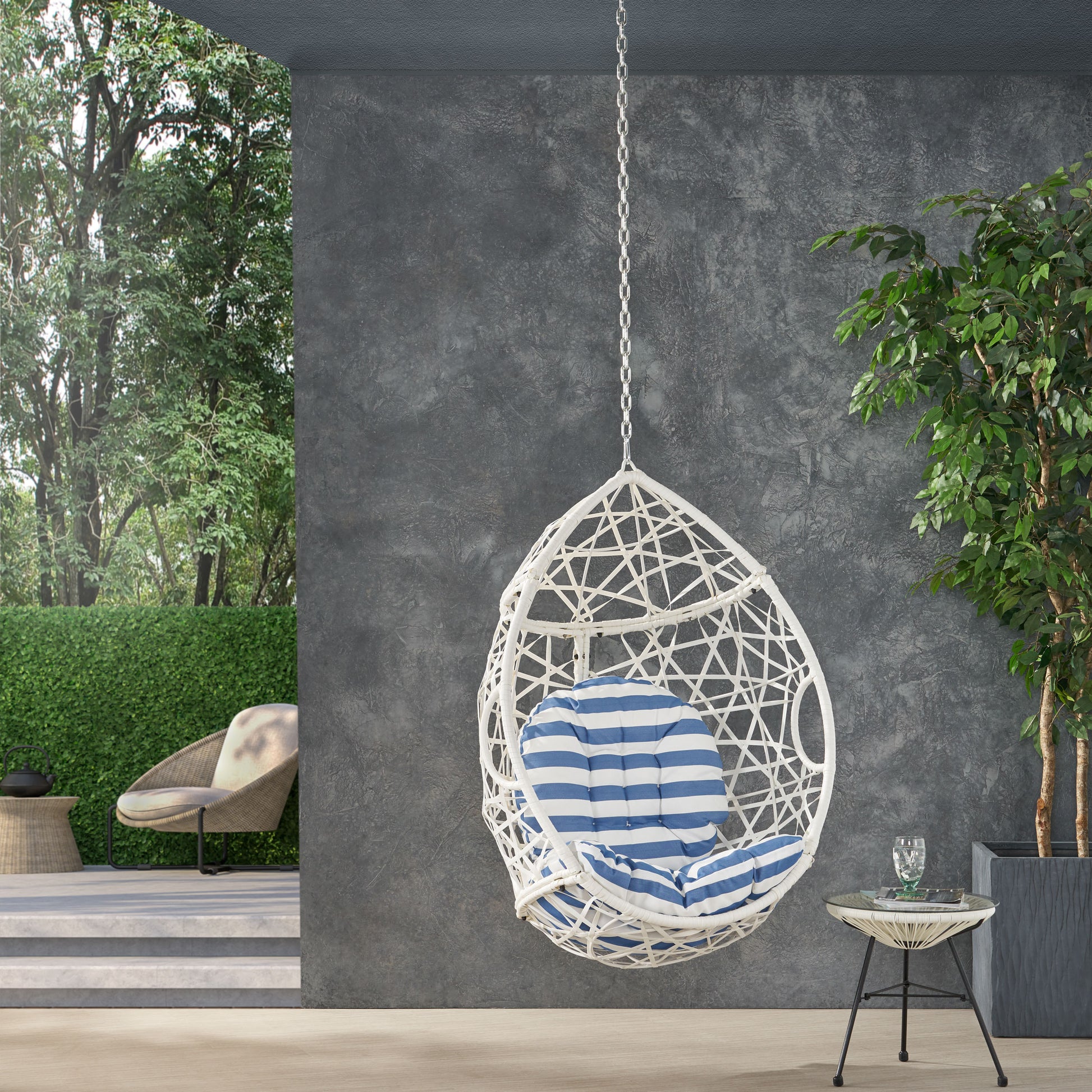 Los Alamitos Hanging Chair With 8Ft Chain White Blue Pe Rattan Iron Waterproof Fabric