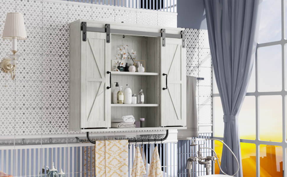 Rustic Wood Wall Storage Cabinet With Two Sliding Barn Door, 3 Tier Decorative Farmhouse Vintage Cabinet For Kitchen Dining, Bathroom, Living Room, Vintage Gray Gray Adjustable Shelves Particle