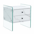 Double Drawer Bedside Table. The Board Surface Is Mdf Sticker, And Both Sides Are Transparent Tempered Glass. The Design Is Simple And Elegant, With Excellent Storage Functions. White Mdf